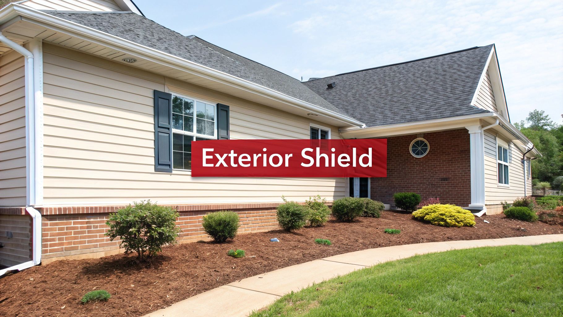 Modern house exterior with beige siding, dark roof, white gutters, landscaped garden, and 'Exterior Shield' banner.