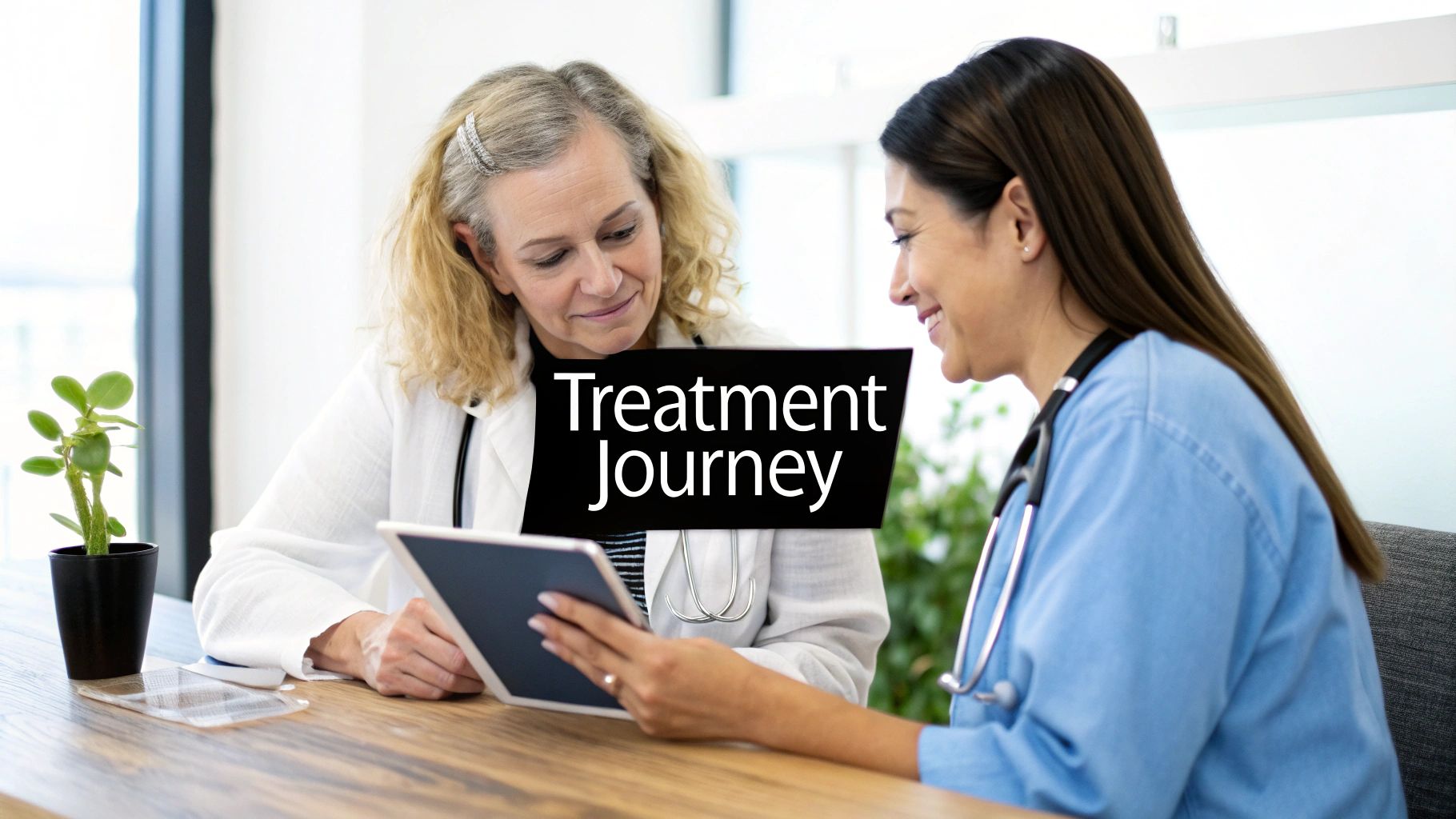 Two smiling medical professionals review a tablet, discussing a patient's treatment journey.