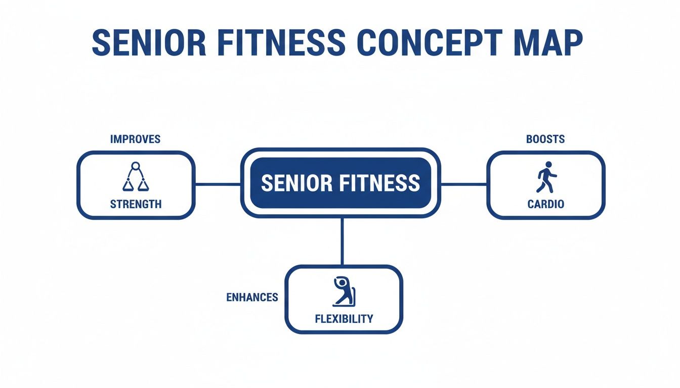 A senior fitness concept map showing it improves strength, boosts cardio, and enhances flexibility.