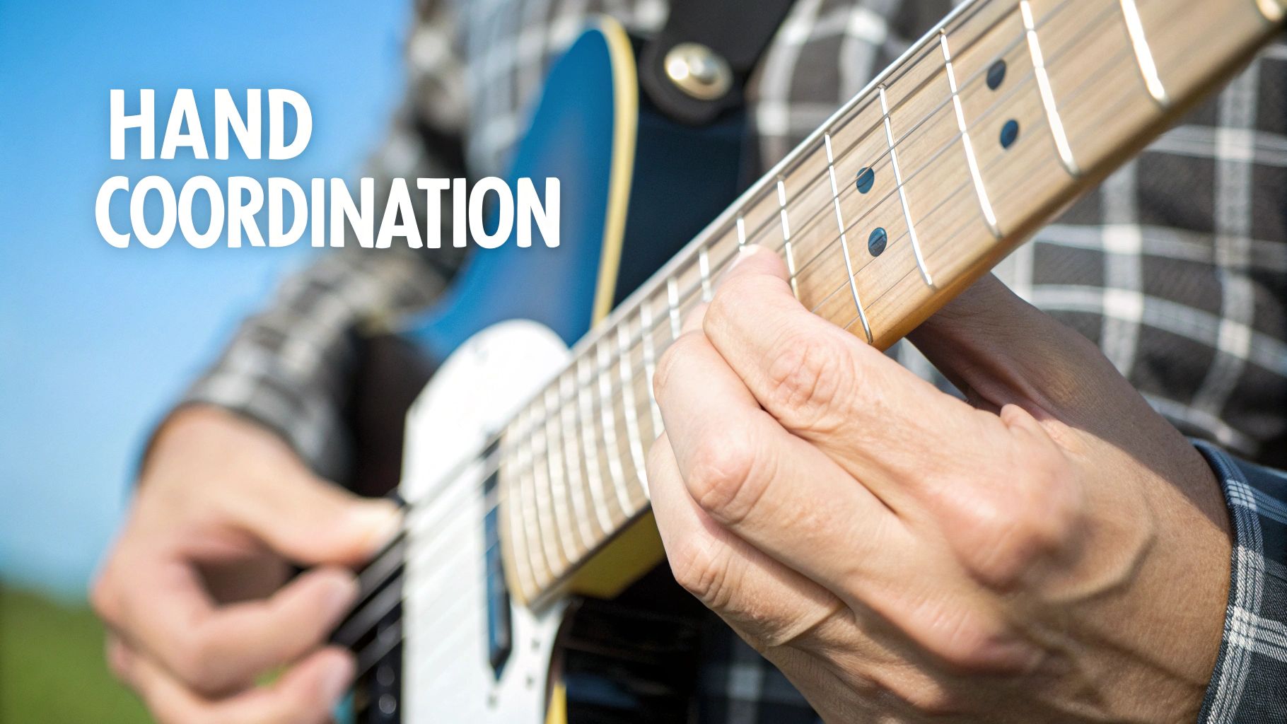 Close-up of a person's hands practicing hand coordination while playing an electric guitar.