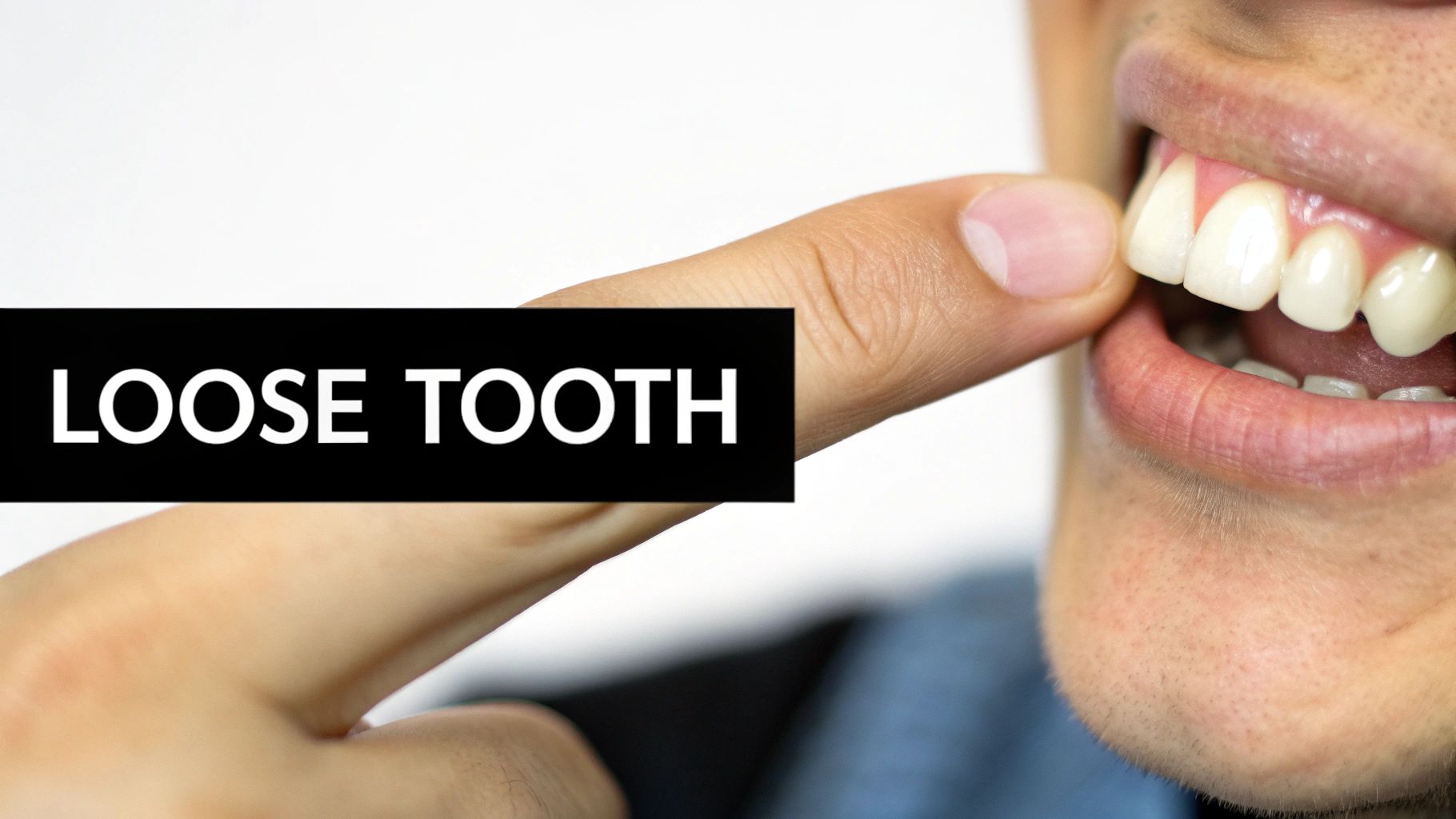 A person's finger gently pushes on a front tooth, with the text 'LOOSE TOOTH' overlayed.