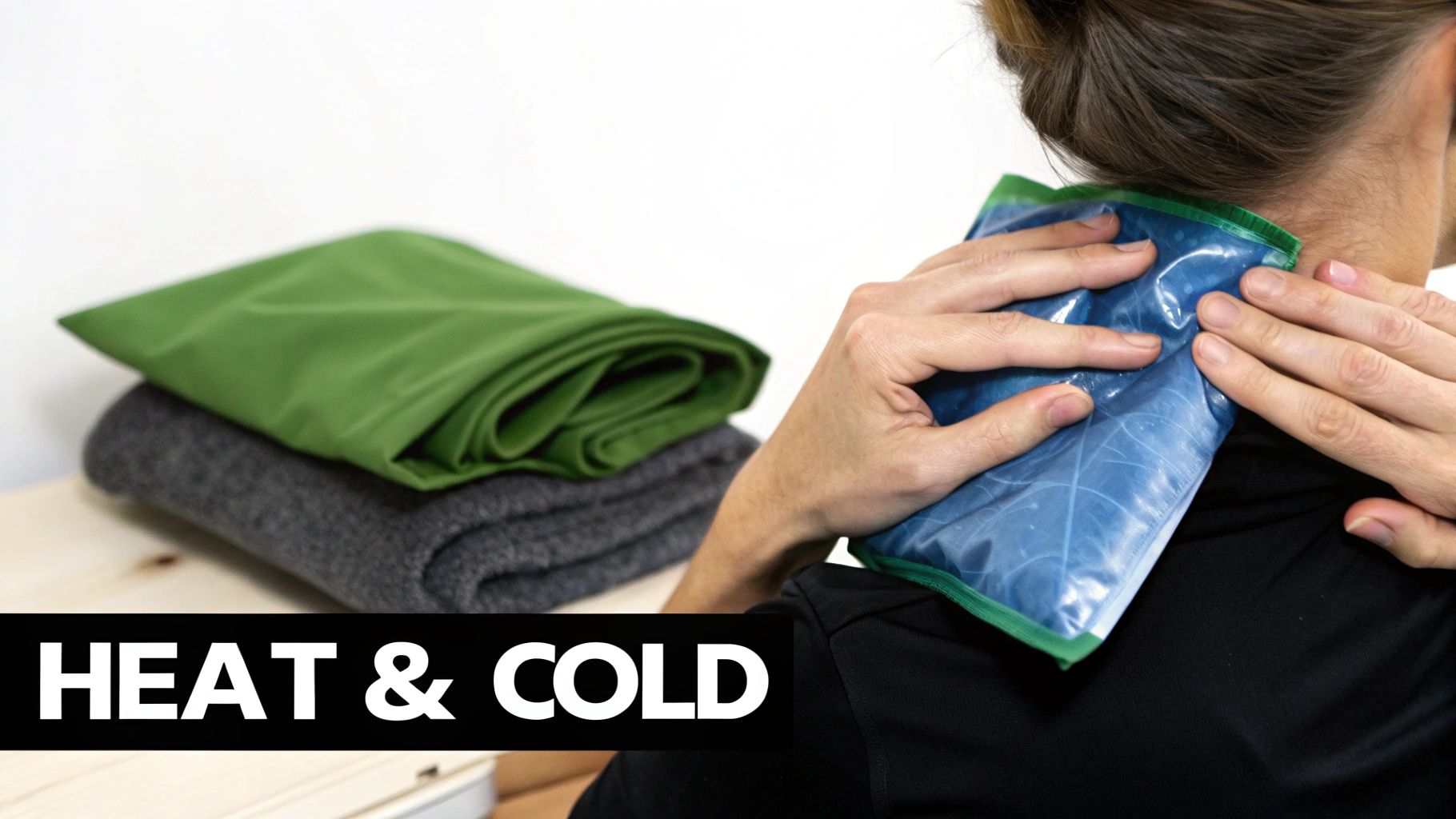 A person applies a cold compress to their neck, with heat therapy cloths folded nearby.
