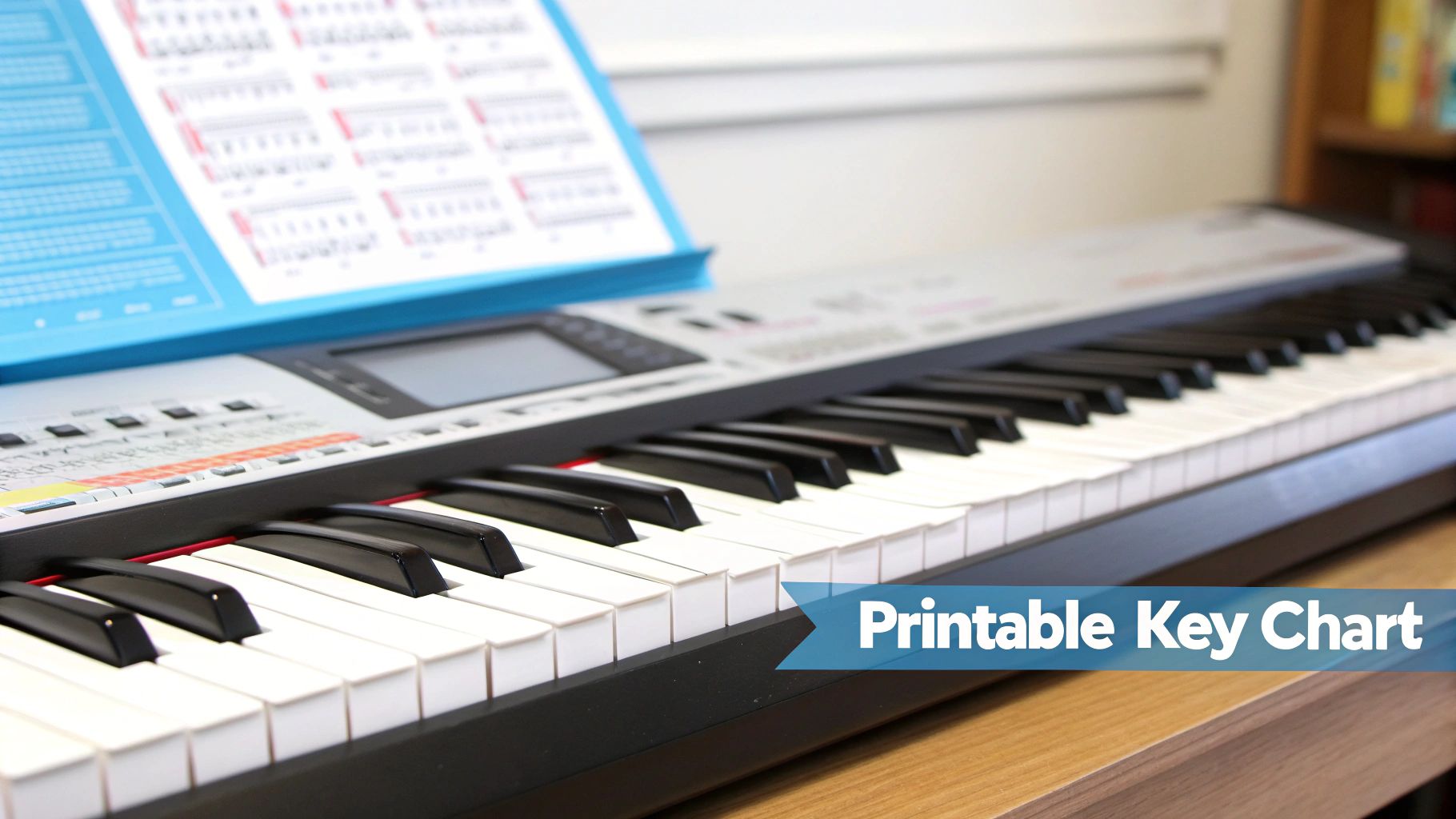 A close-up view of a digital piano keyboard with sheet music and a key chart.