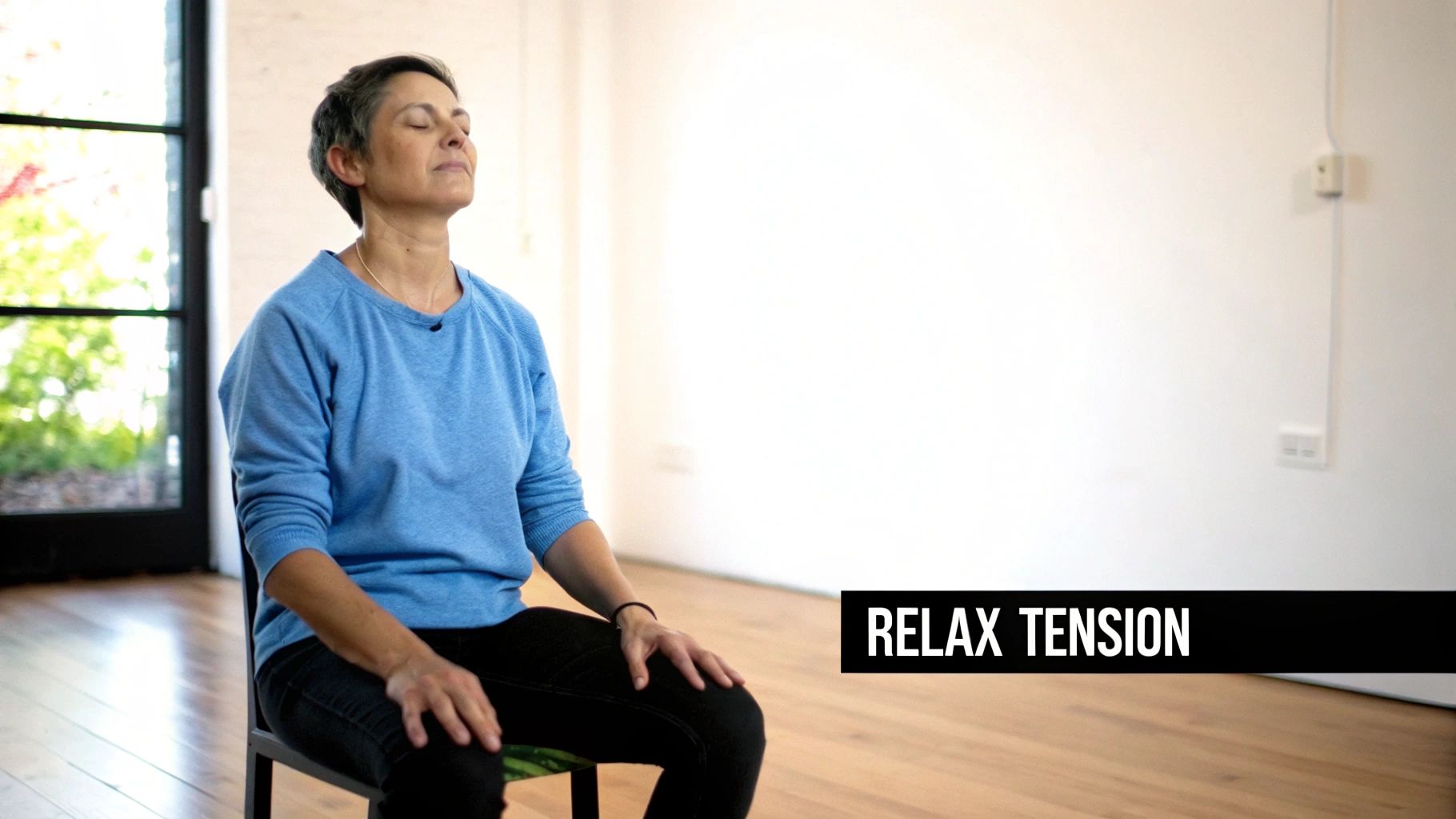 A calm woman with closed eyes sits on a chair, meditating, with "RELAX TENSION" text.