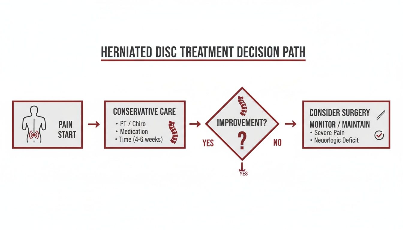 A flowchart outlining the decision path for herniated disc treatment, from pain start to conservative care and potential surgery.