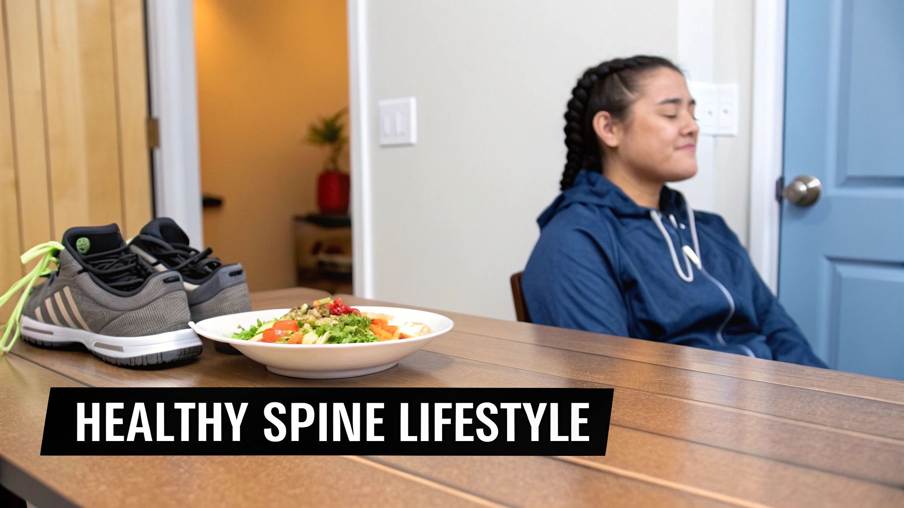 Running shoes and a fresh salad on a table, with a person in the background, promoting health.