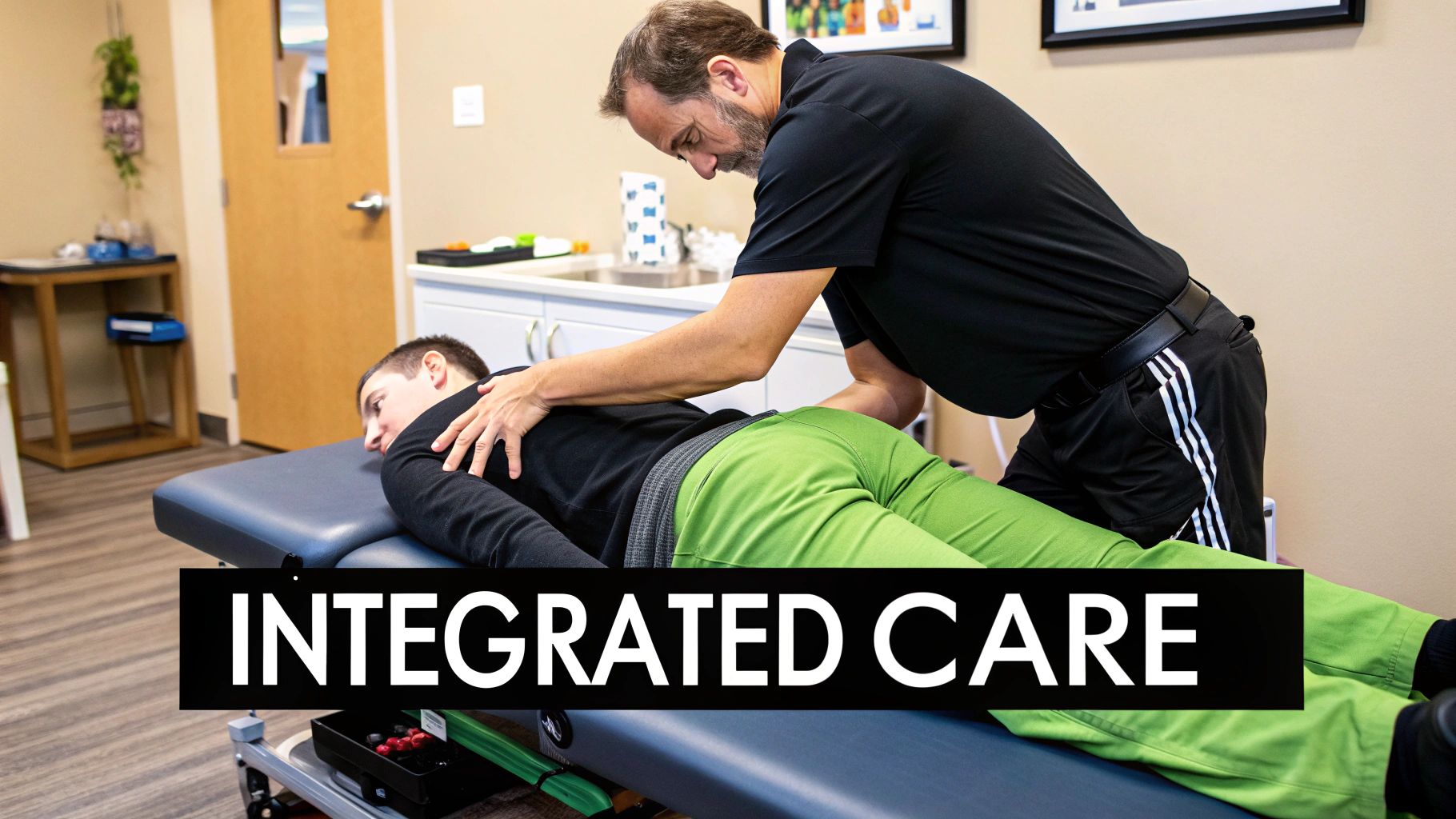 A male chiropractor performs an adjustment on a male patient lying on an examination table.