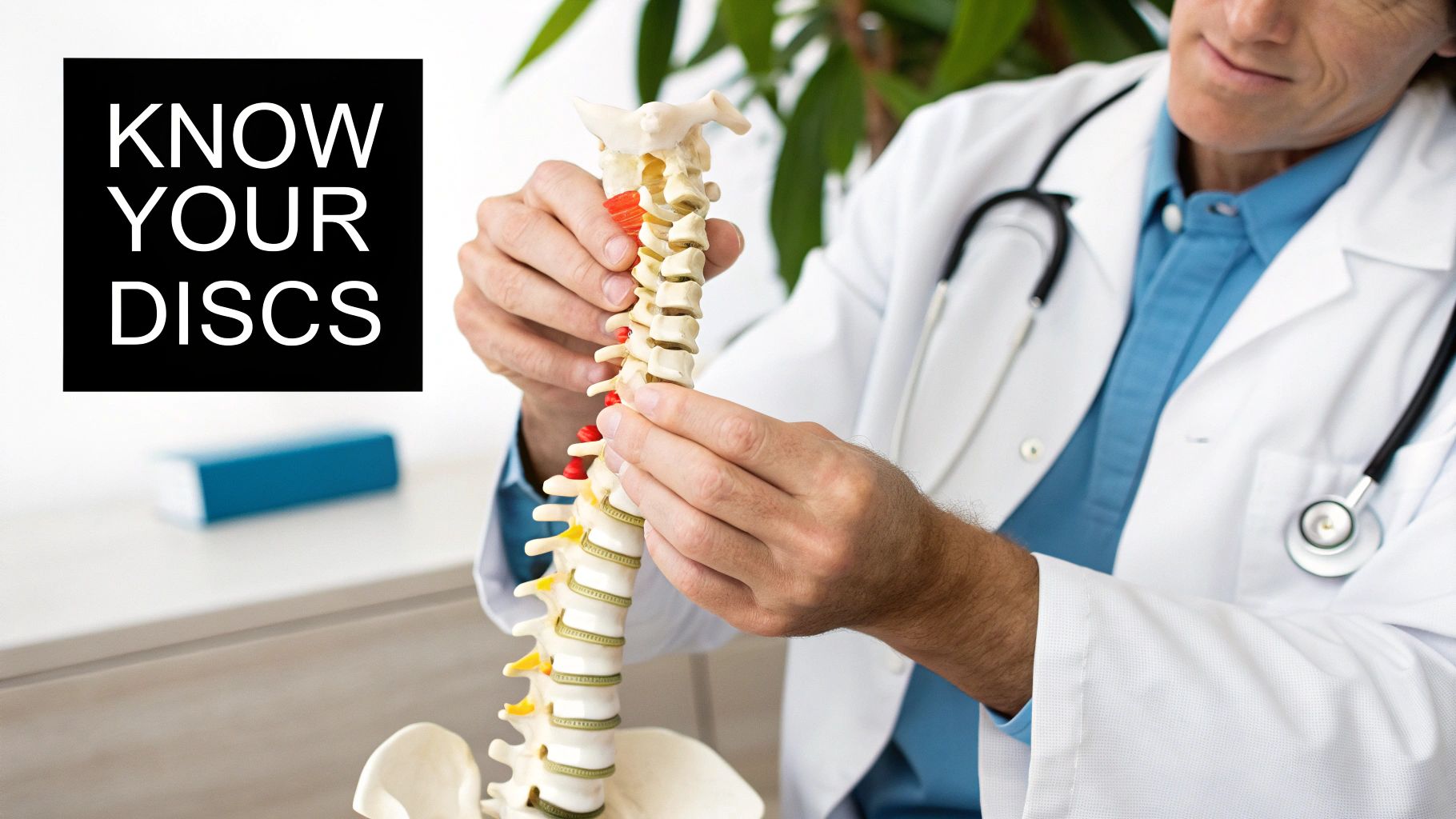 A medical professional in a lab coat demonstrates a spine model, emphasizing intervertebral discs, with 'KNOW YOUR DISCS' text.