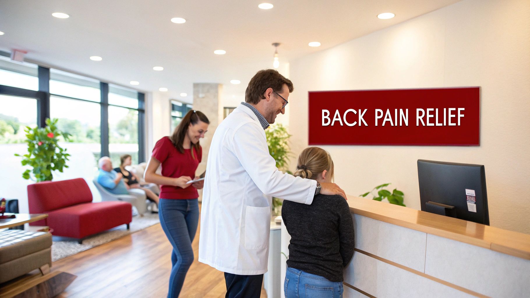 A doctor comforts a patient at a clinic reception desk, with a "BACK PAIN RELIEF" sign on a wall.
