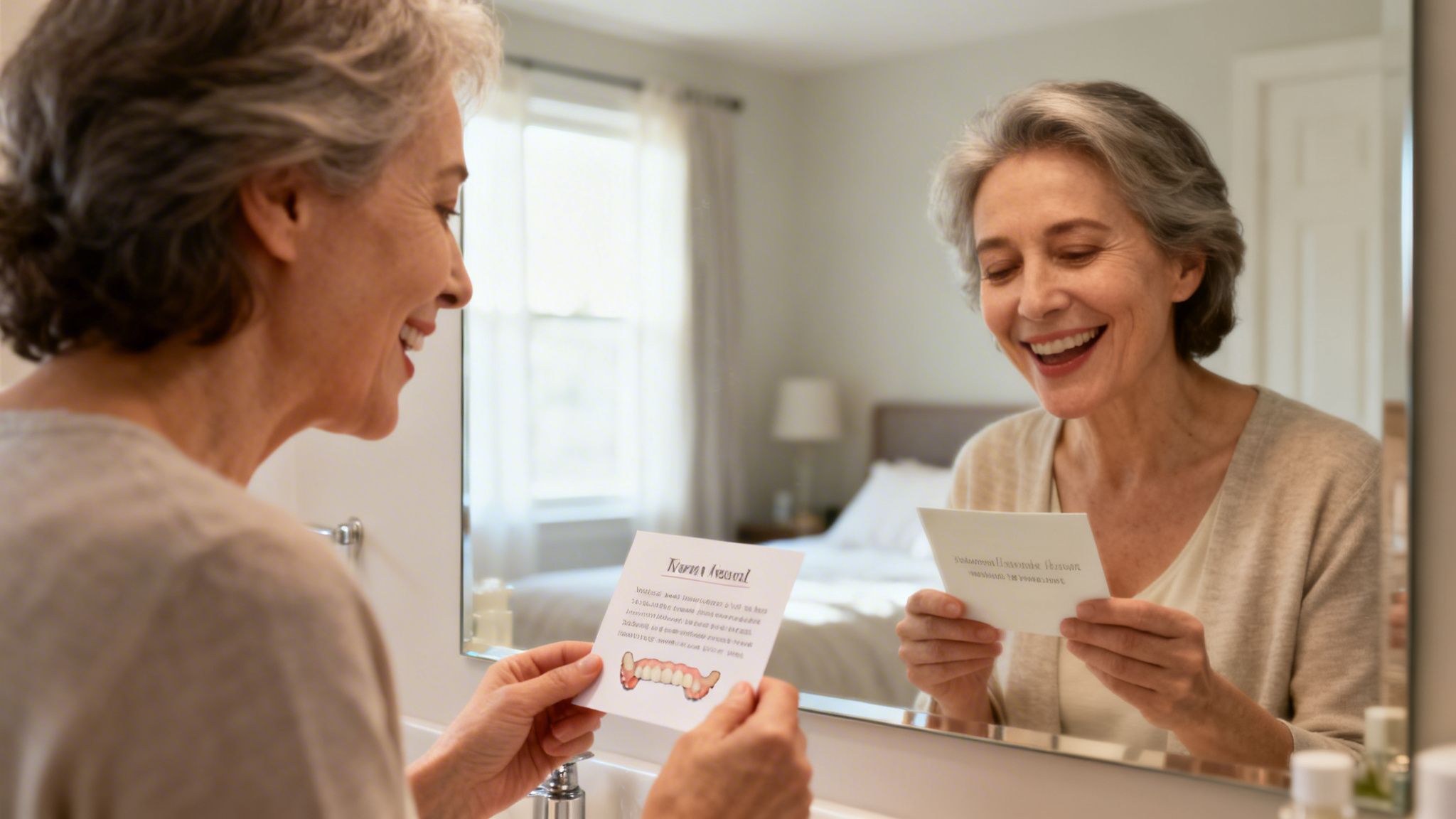A happy older woman looks in the mirror, holding a card with a diagram of dentures.
