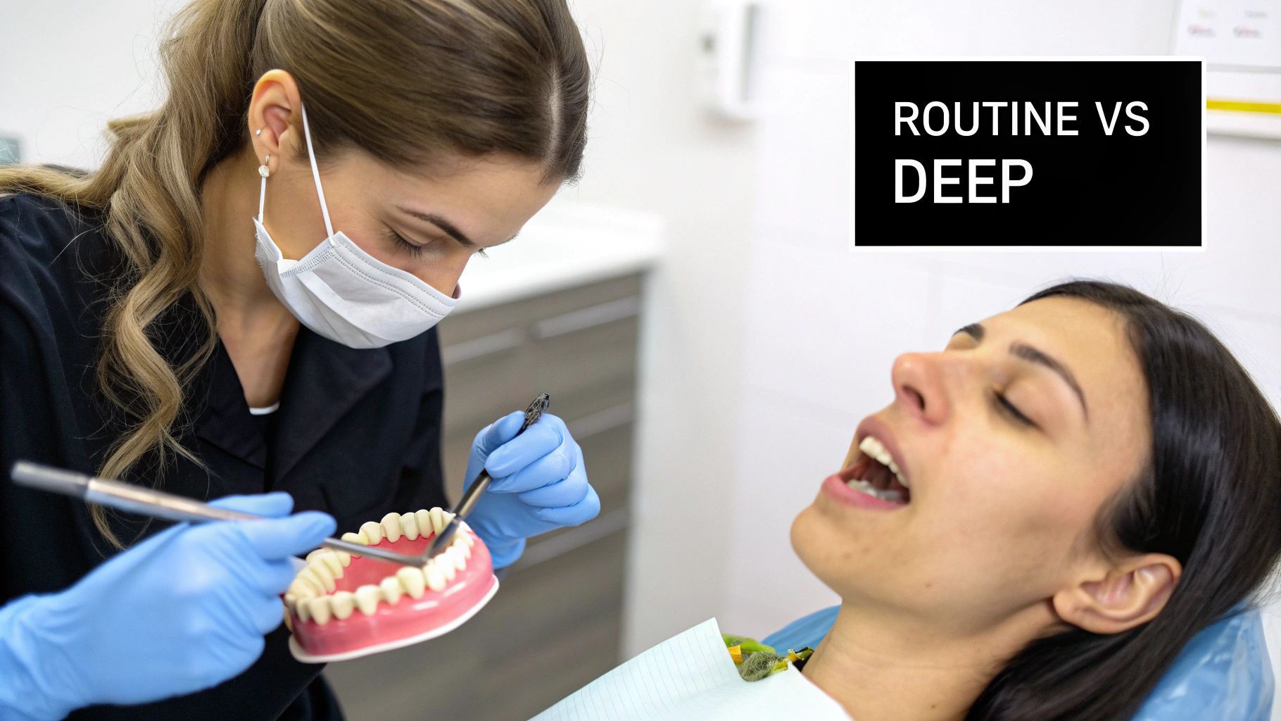 A dentist in a mask and gloves demonstrates teeth cleaning on a model, with a patient in the chair.