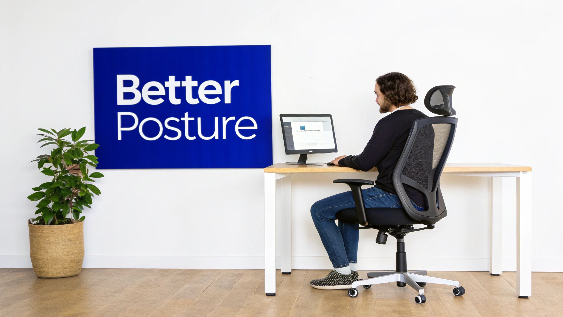 A man sits at a desk on an ergonomic office chair, looking at a computer screen. A "Better Posture" sign is on the wall behind him.