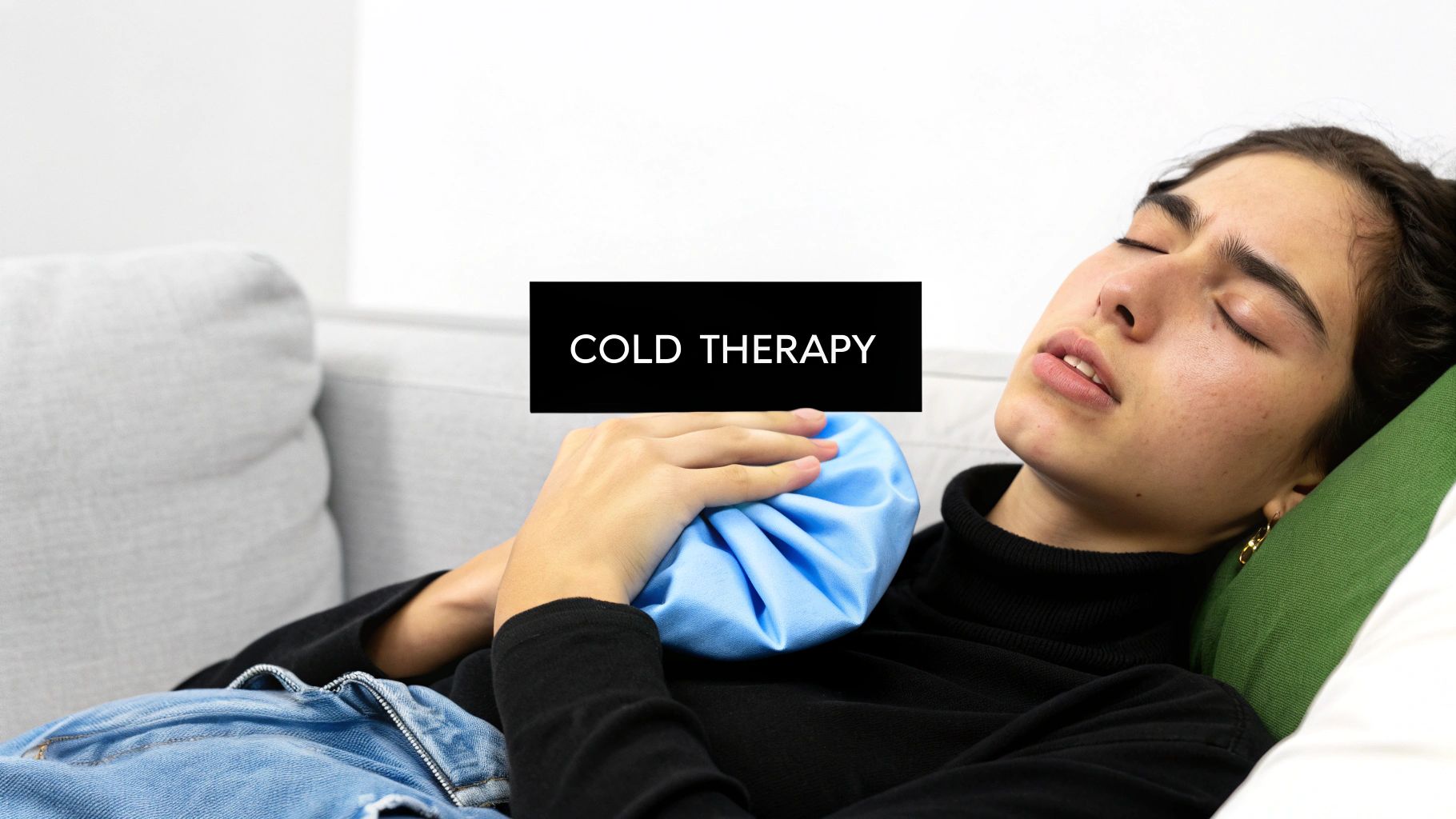 A young woman with closed eyes applies a blue ice pack to her chest for cold therapy.