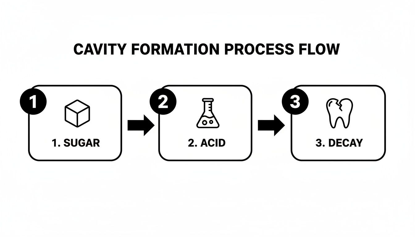 A flow chart illustrating the cavity formation process: sugar, then acid, leading to tooth decay.