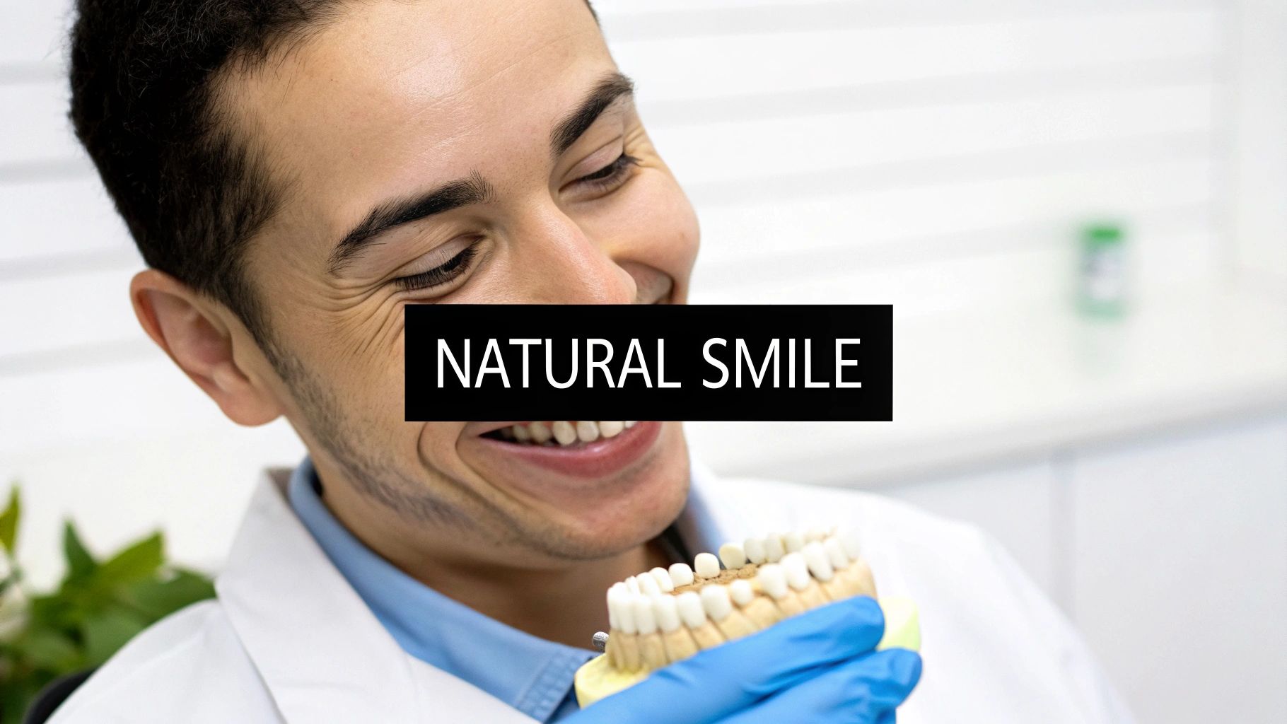 A smiling man in a white lab coat holds a dental model, promoting natural teeth.