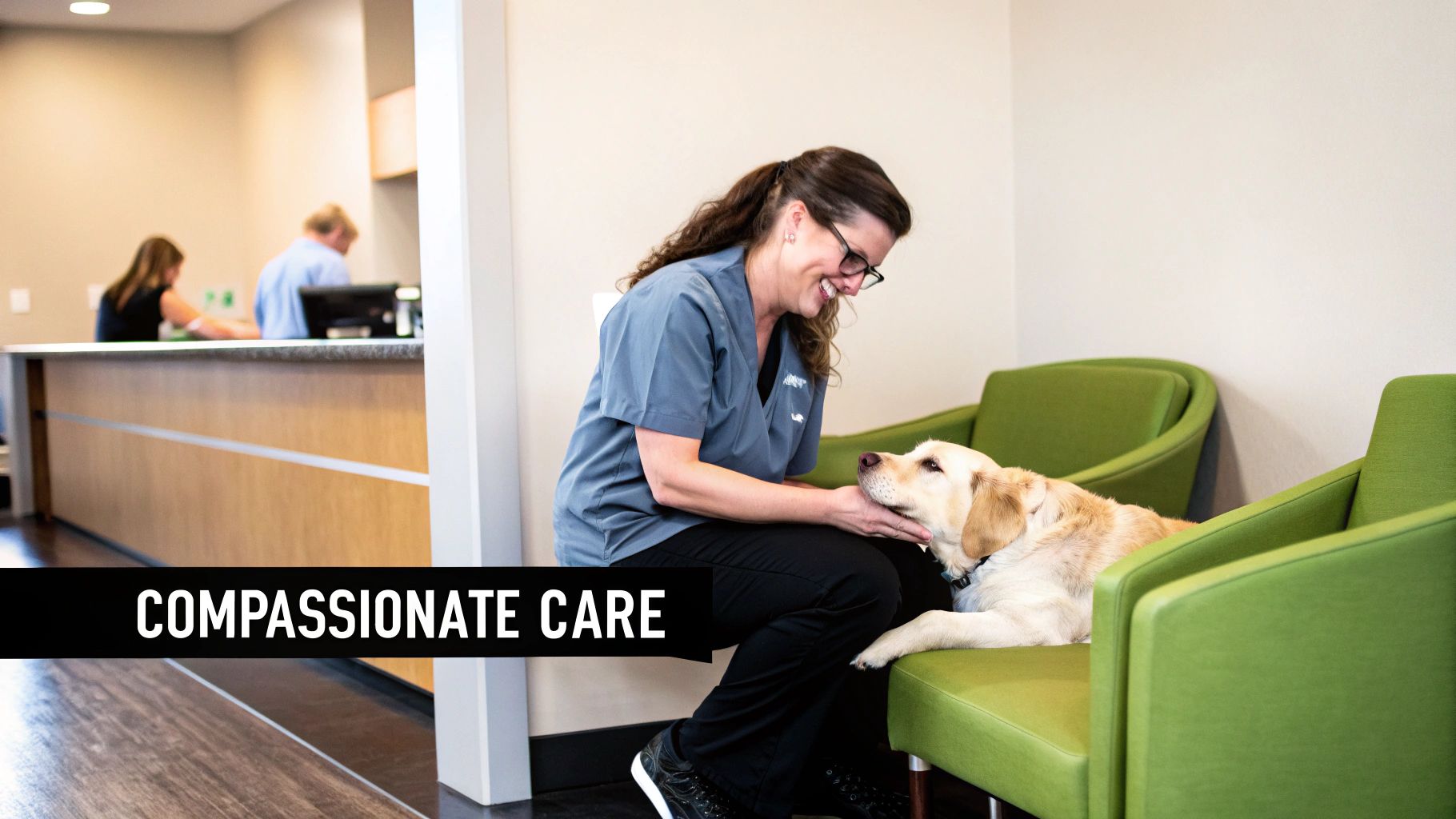 A smiling veterinarian gently pets a yellow labrador dog in a clinic waiting room, showing compassionate care.