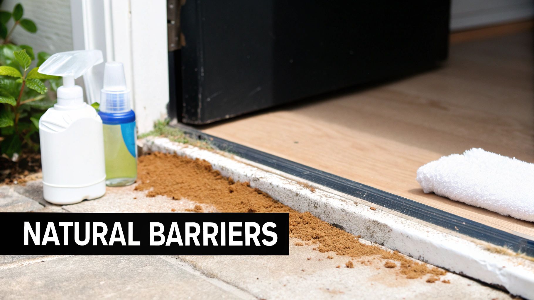 Natural ant barrier at an open doorway with two spray bottles and brown powder on the threshold.