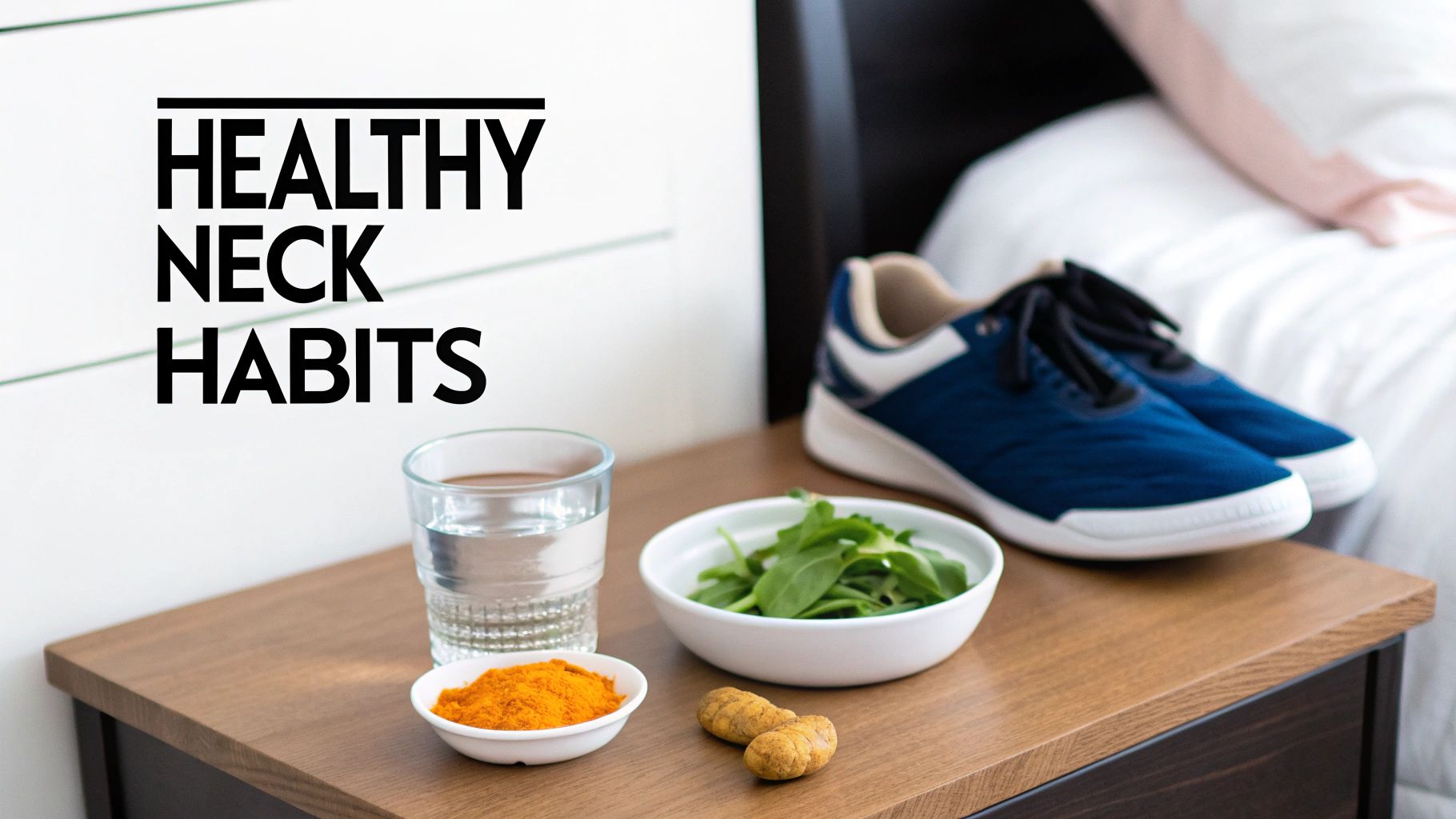 Healthy neck habits text with water, greens, turmeric, and shoes on a bedside table.