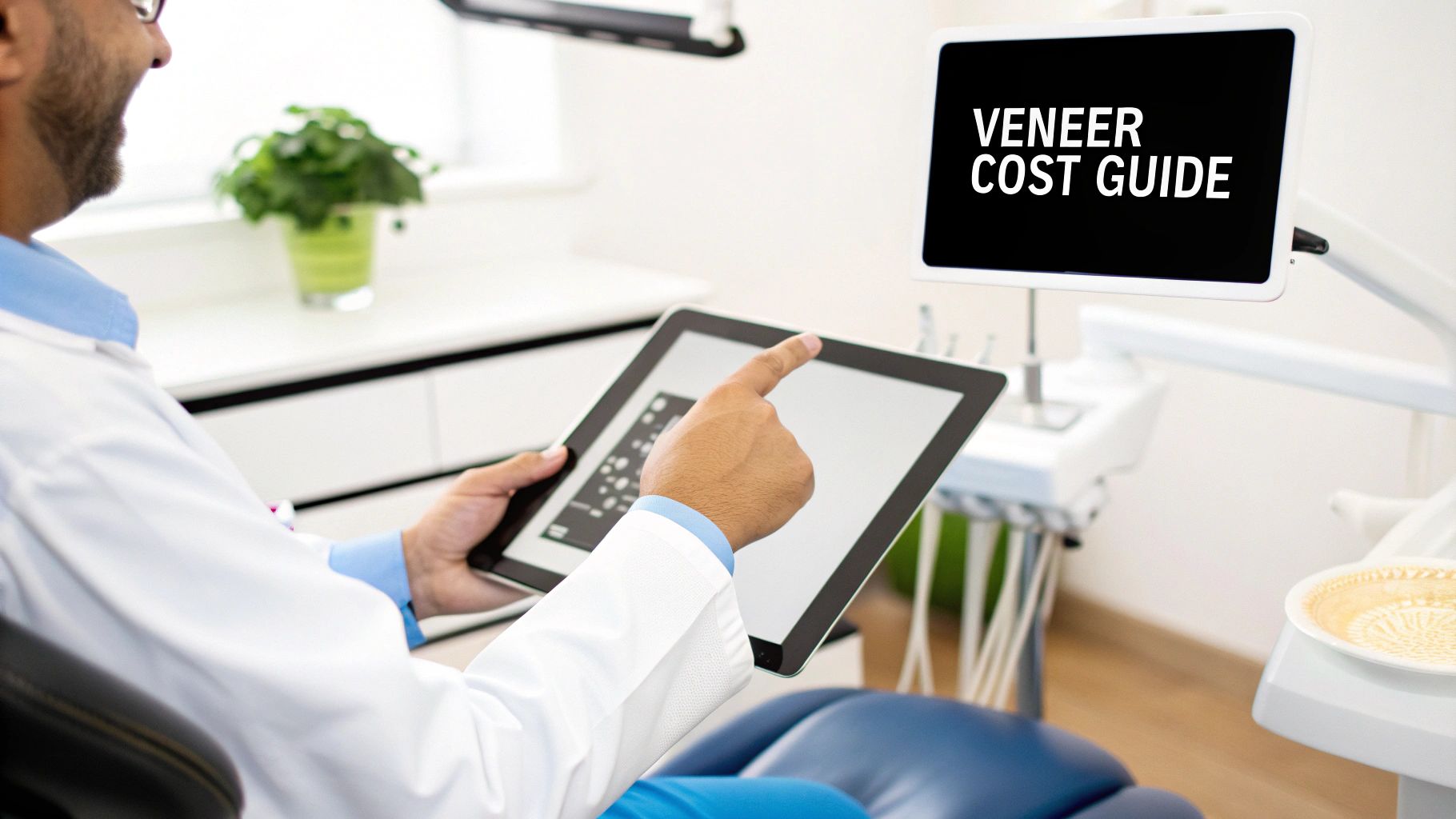 A dentist points at a tablet, with a nearby screen displaying 'VENEER COST GUIDE' in a dental office.