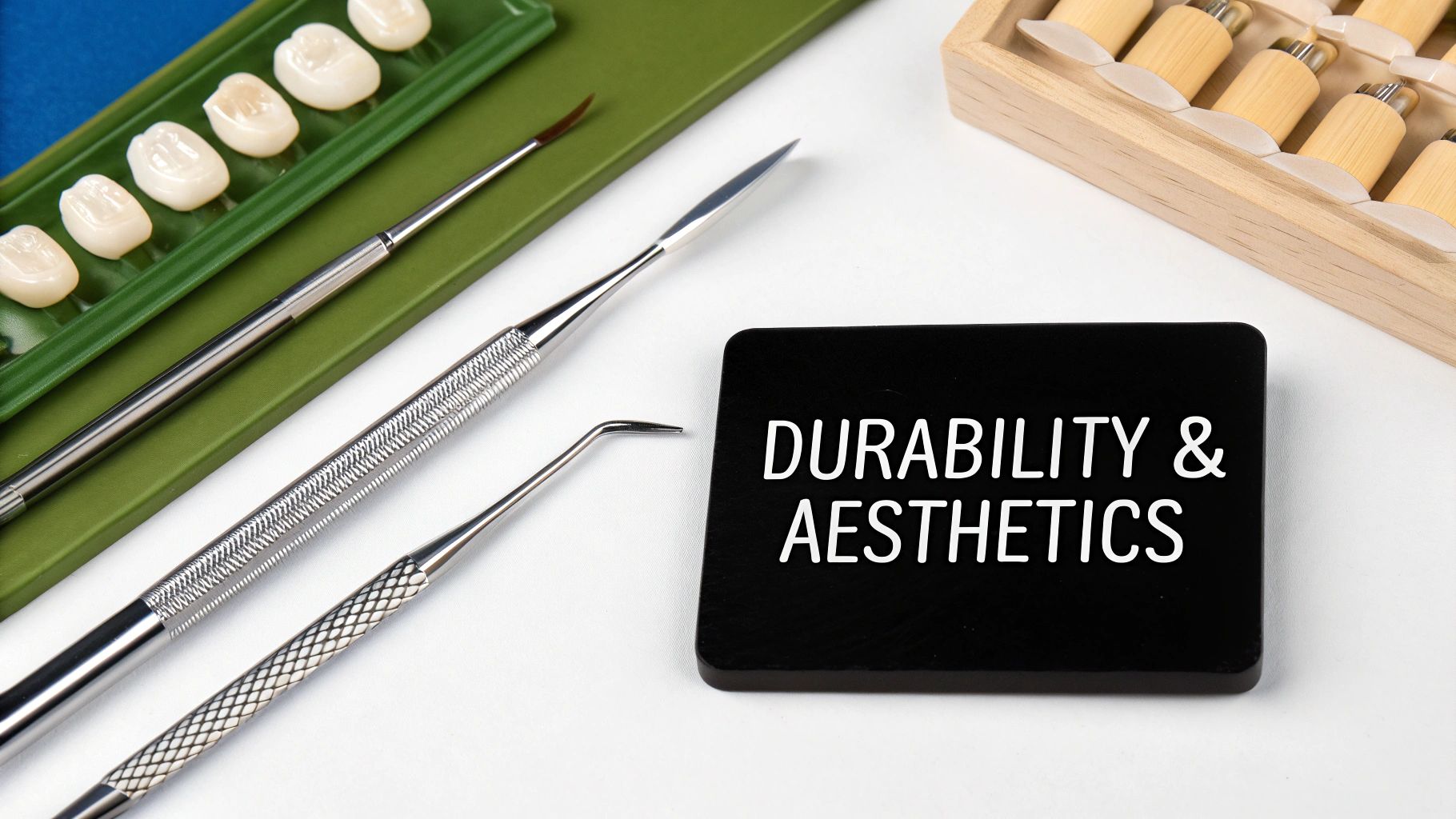 Dental instruments and porcelain veneers with a sign highlighting durability and aesthetics.