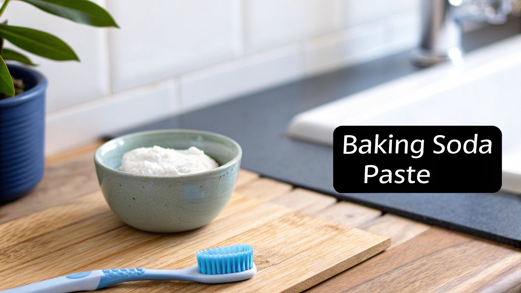 A bowl of baking soda paste and a toothbrush on a wooden counter near a sink.