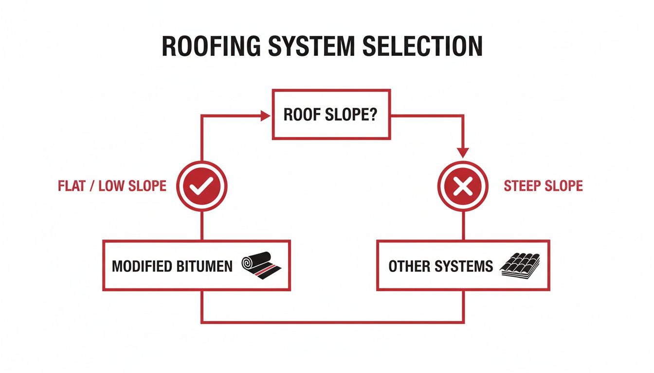 A flowchart for roofing system selection based on roof slope. Flat roofs use modified bitumen.