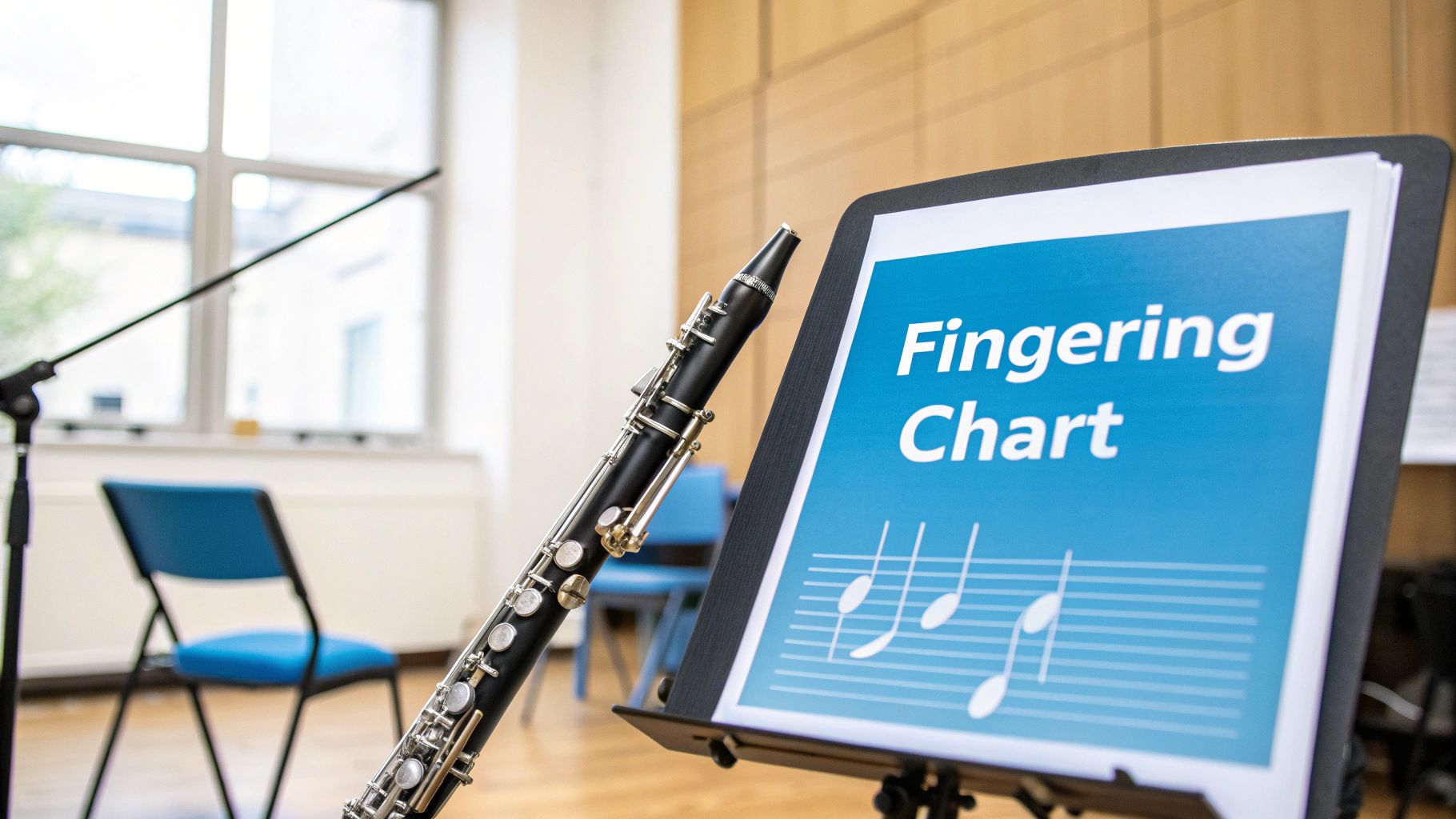 A black clarinet rests beside a music stand displaying a blue 'Fingering Chart' with musical notes.