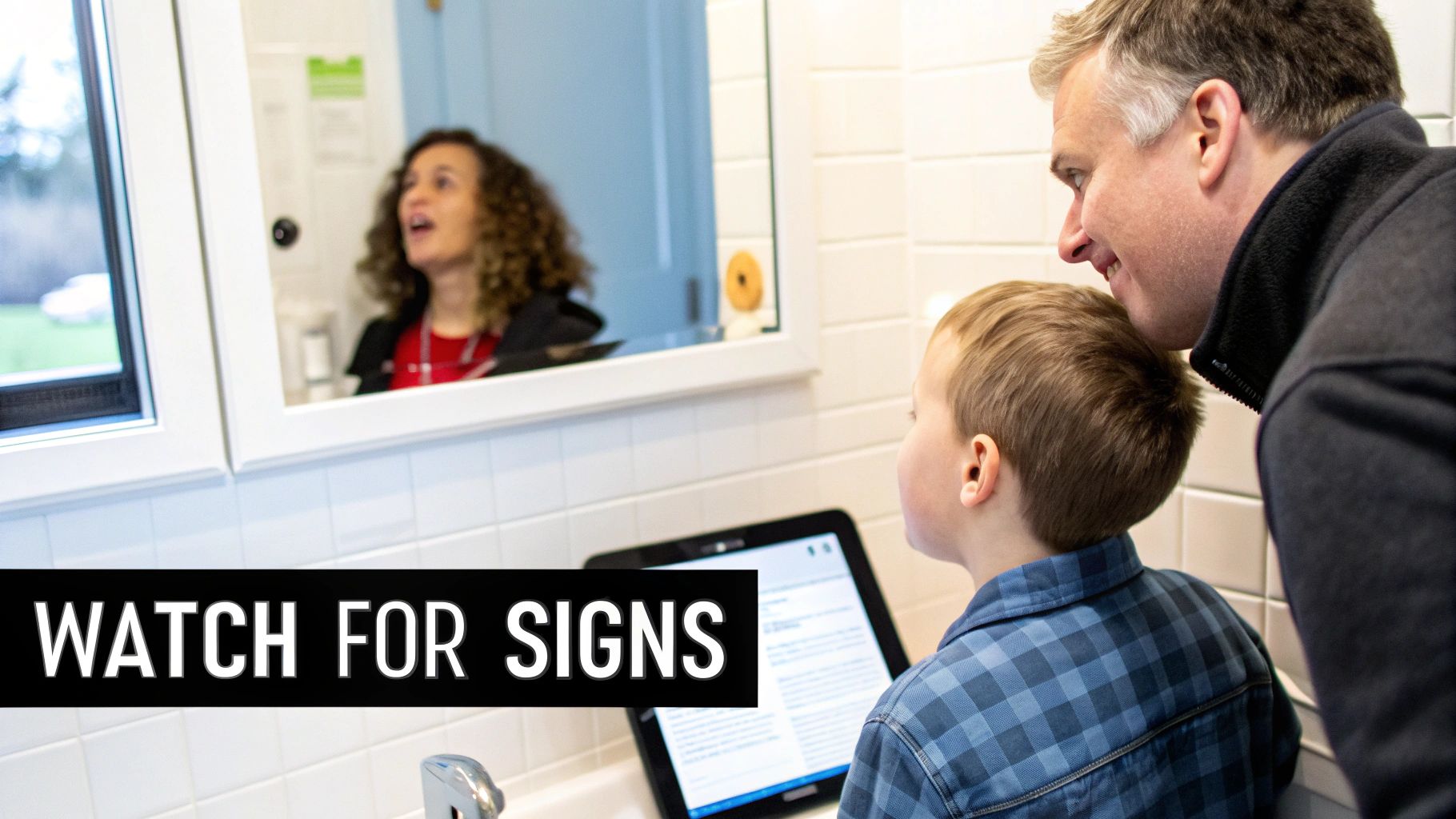 A father and son look at a tablet together, while a woman's reflection is seen in a mirror.