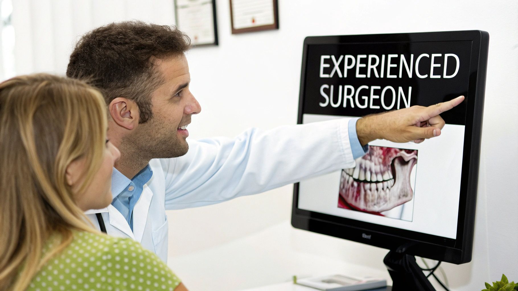 Experienced surgeon consults with a patient, showing a jaw model on a monitor.