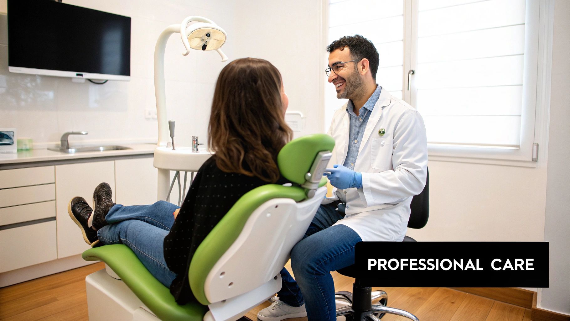A smiling male dentist in a white coat consults with a female patient in a green dental chair.