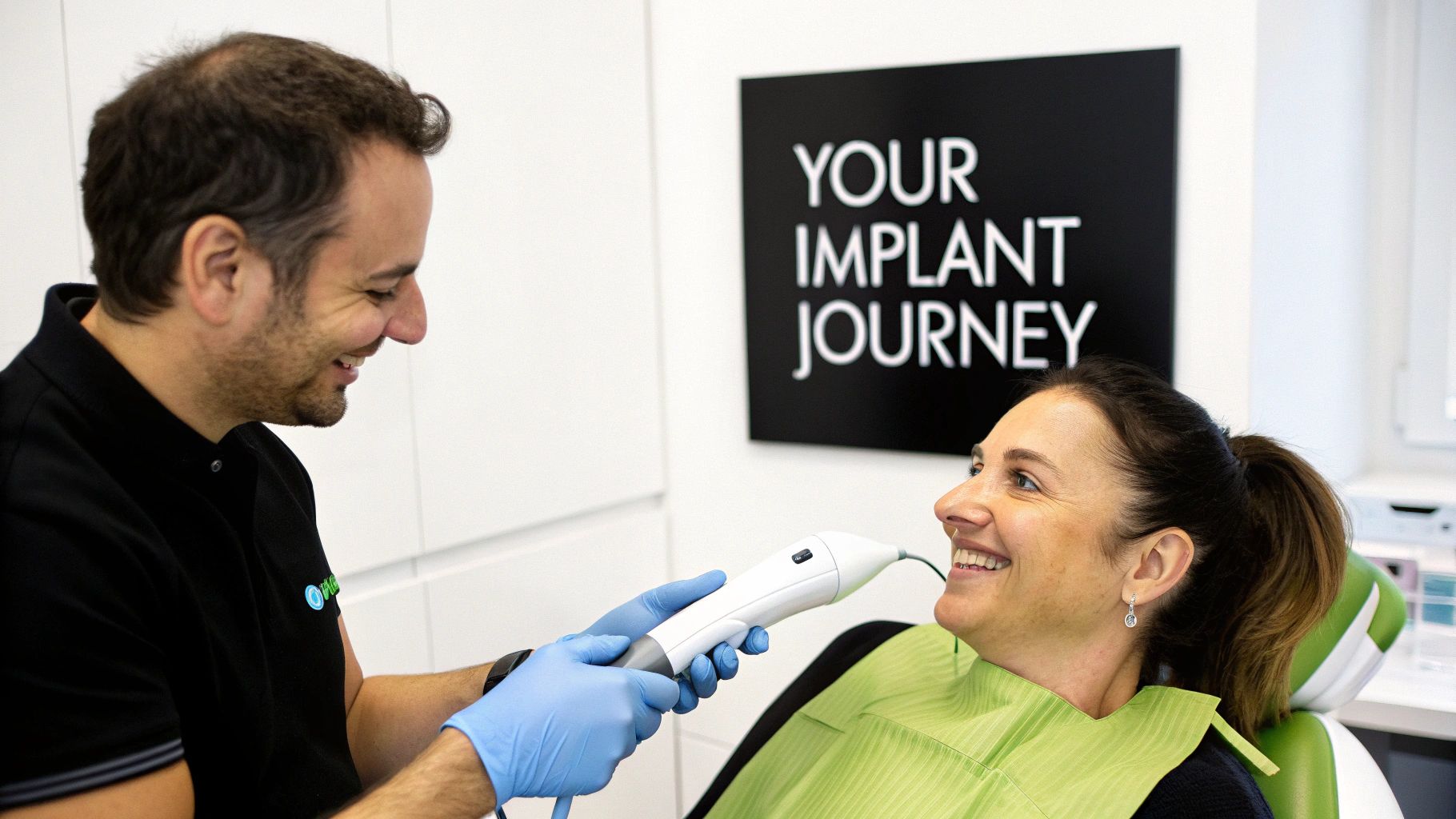 A male dentist uses an intraoral scanner on a smiling female patient's teeth.