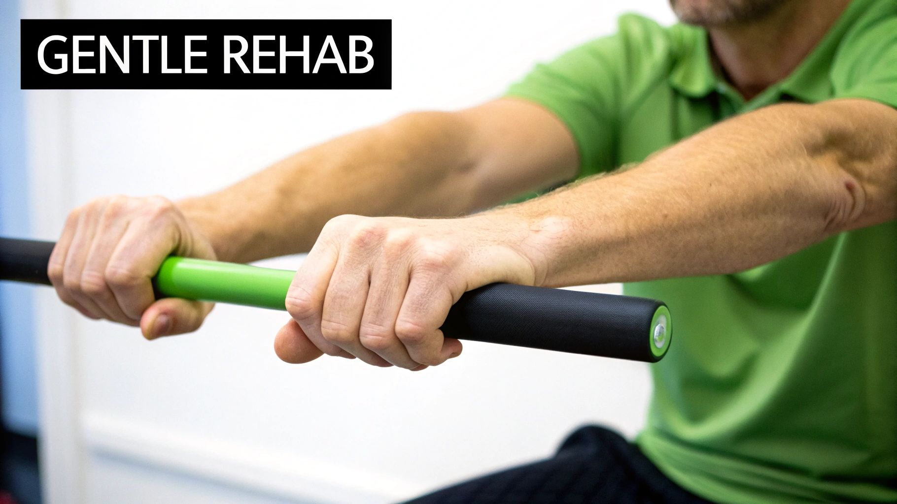 Hershey Family Chiropractic | Tennis Elbow Chiropractor in Hershey, PA: Natural Pain Relief Close-up of a person's hands gripping a black and green exercise bar for gentle rehabilitation.
