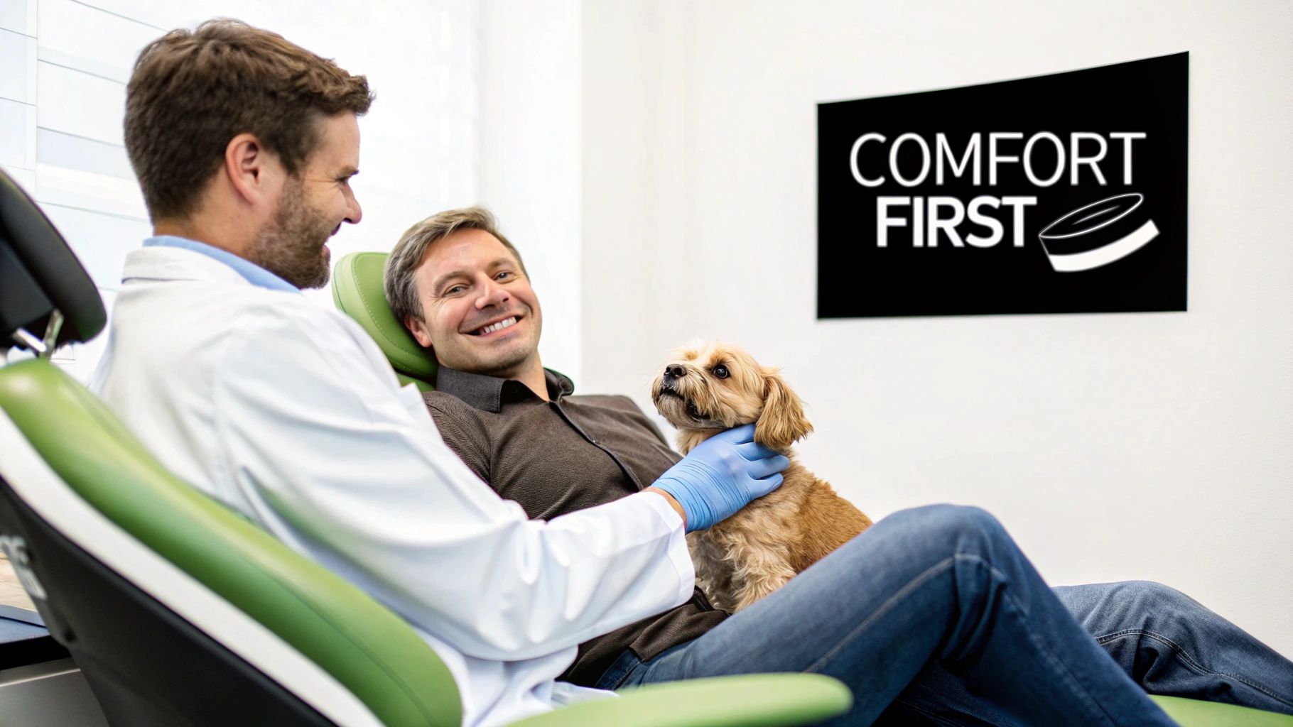 A smiling dentist interacts with a patient and his small dog sitting comfortably in a dental chair.