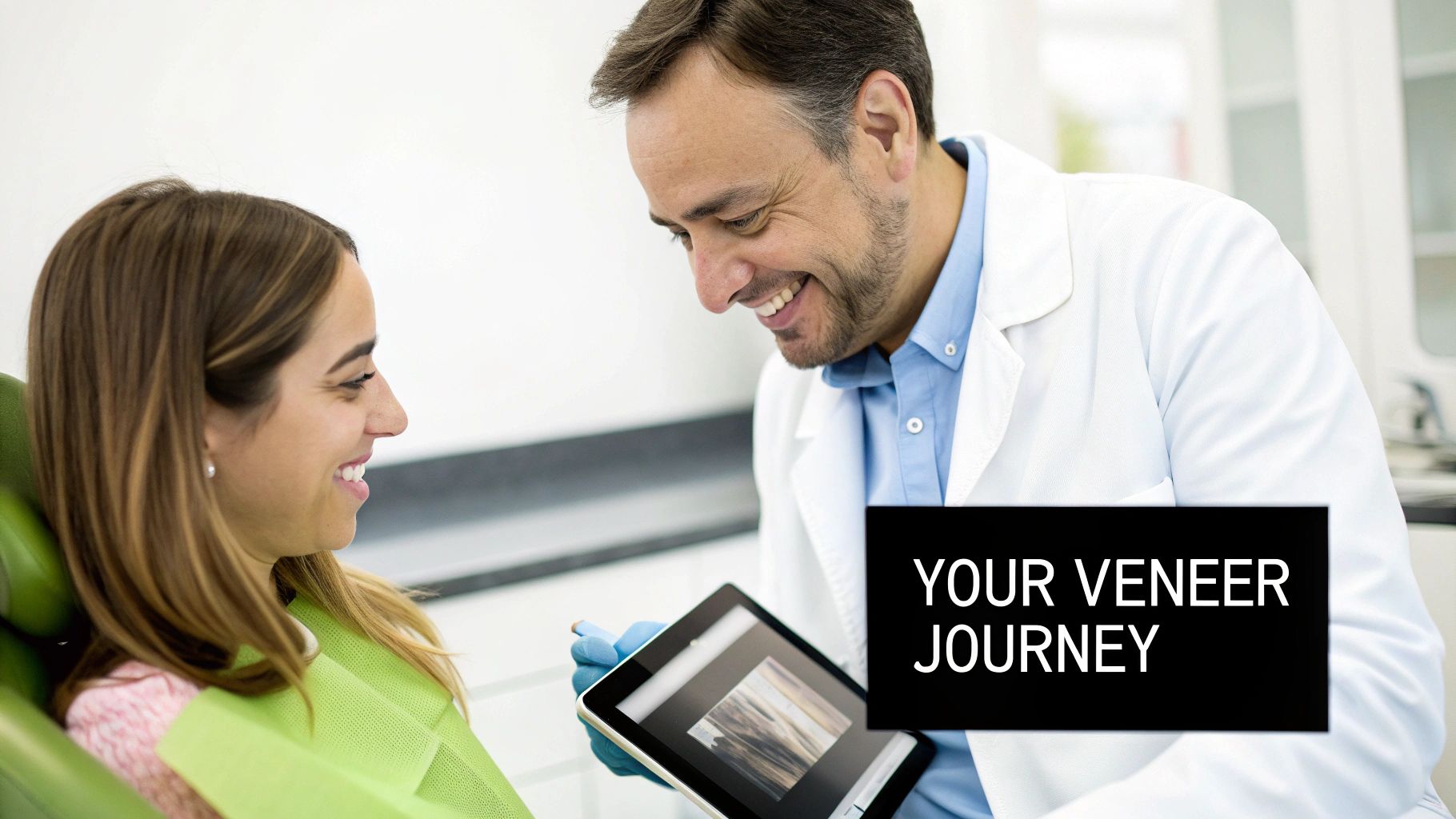A smiling dentist shows a female patient information about her veneer journey on a tablet.
