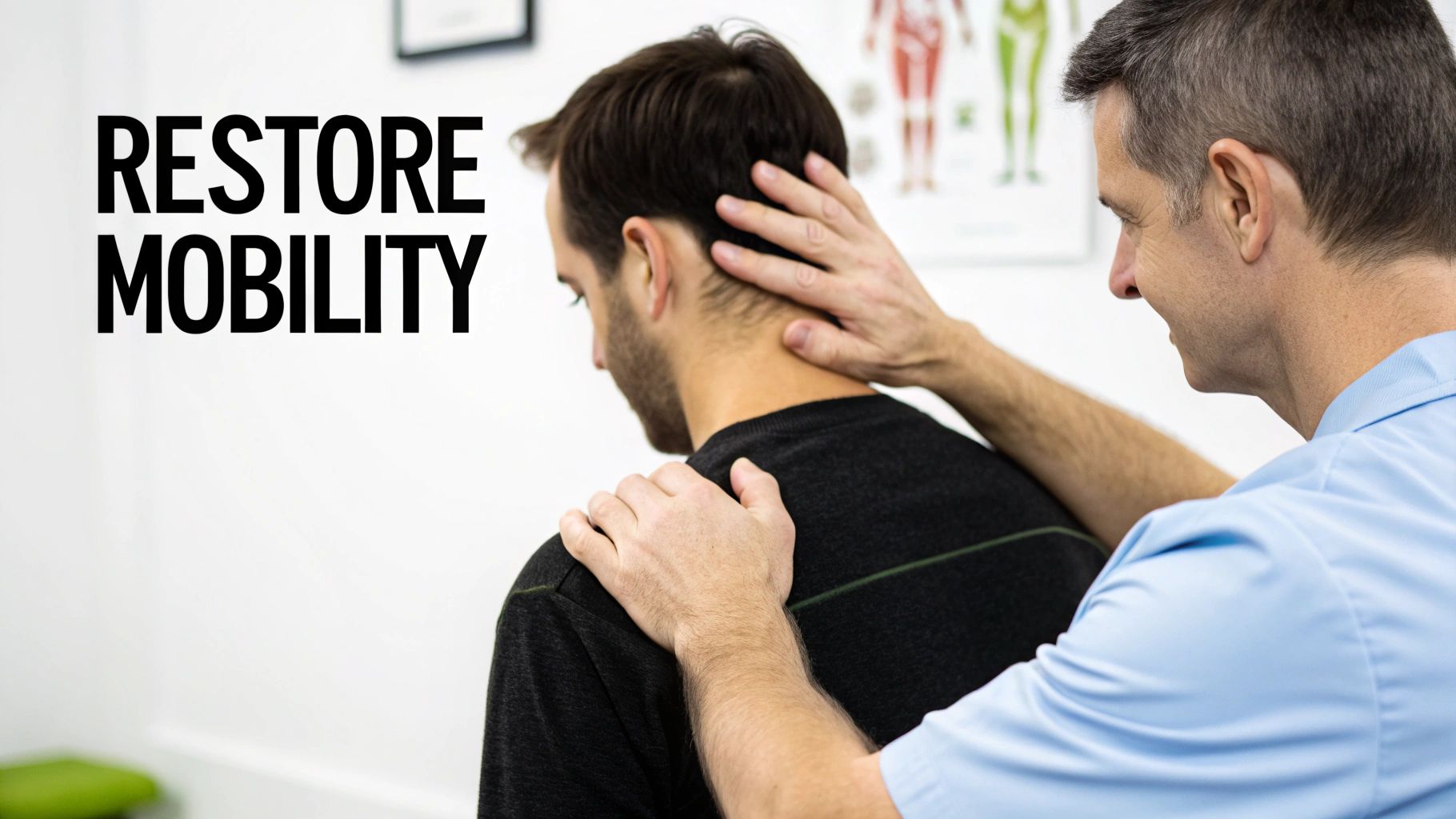 A physical therapist treats a male patient's neck and shoulder, text reads 'RESTORE MOBILITY'.