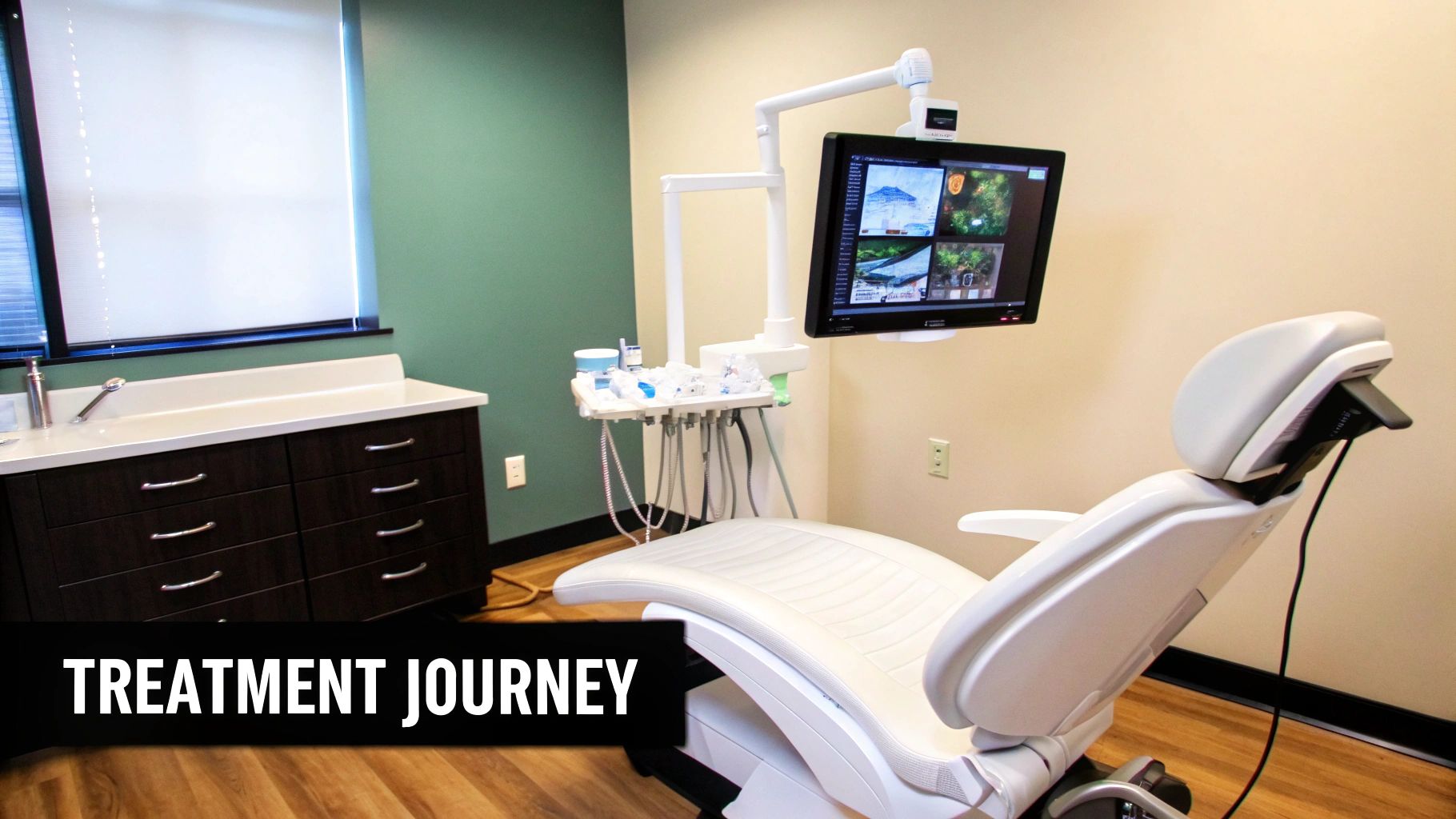 Modern dental treatment room with a white chair, wall monitor, and dark wood cabinets.