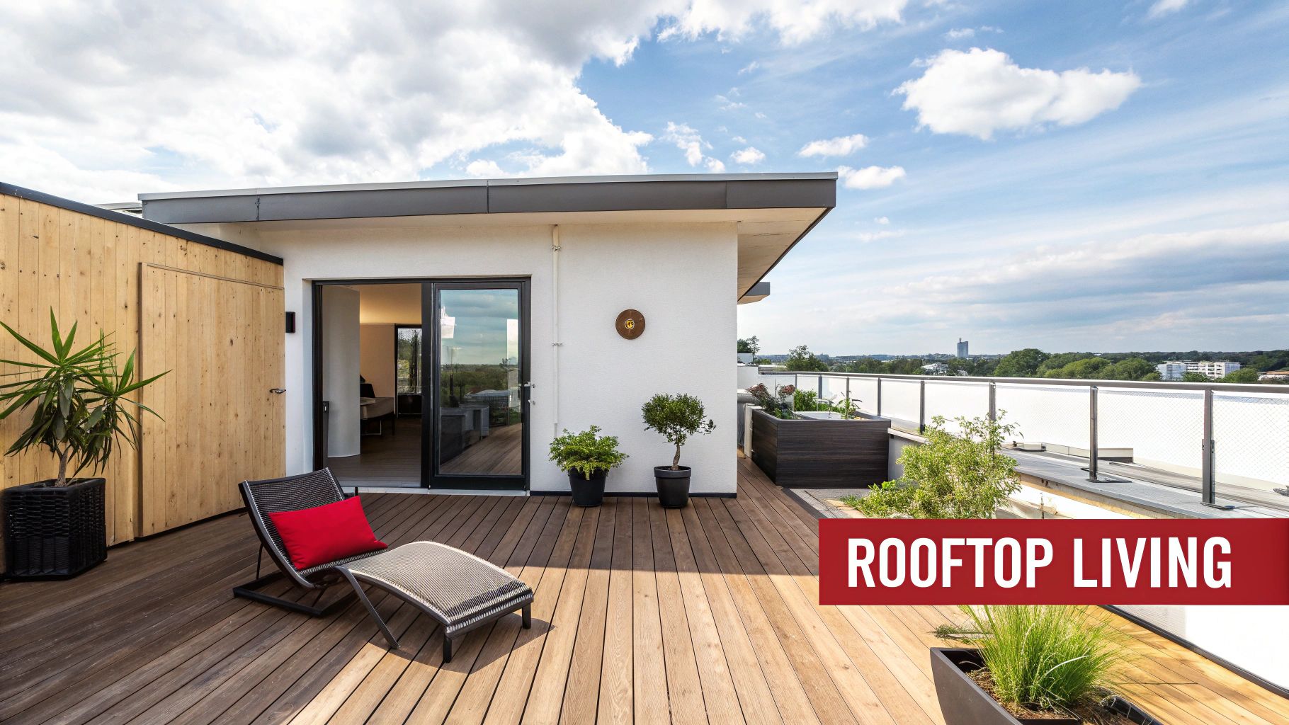 A modern rooftop deck with wooden flooring, a lounge chair, plants, and cityscape views under a blue sky.