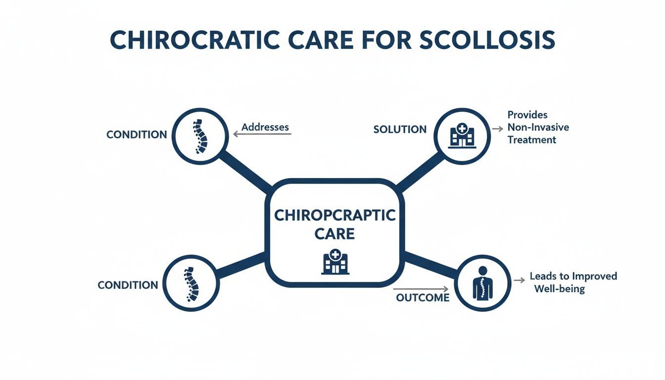 Diagram illustrating chiropractic care for scoliosis, addressing conditions, providing non-invasive treatment, and leading to improved well-being.