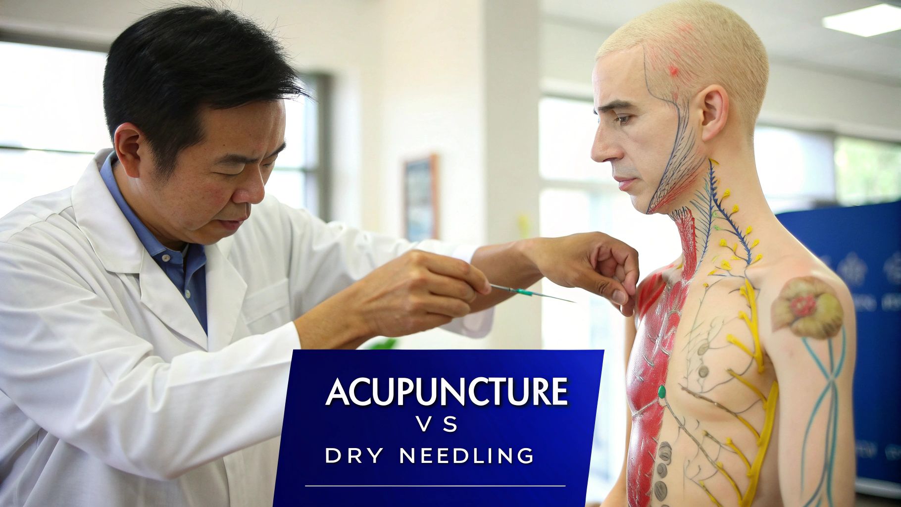 Practitioner demonstrates needle technique on an anatomical model, comparing acupuncture vs dry needling.