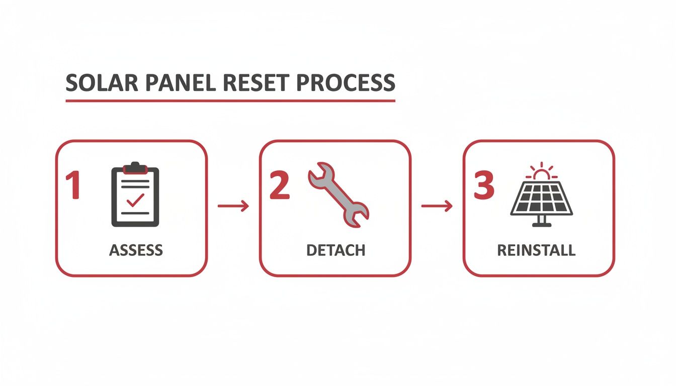 A three-step process for solar panel reset, showing assess, detach, and reinstall.