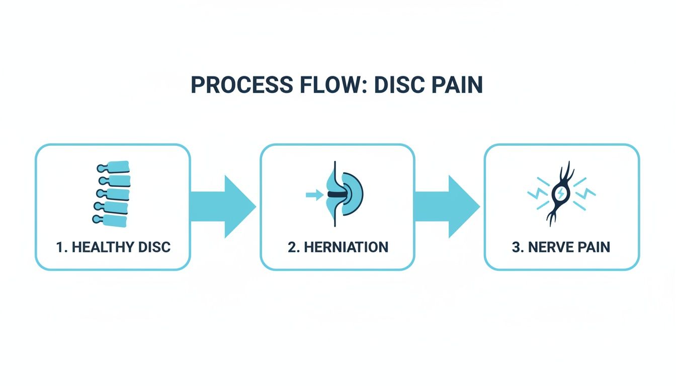 A process flow diagram illustrating the progression from a healthy spinal disc to herniation and resulting nerve pain.