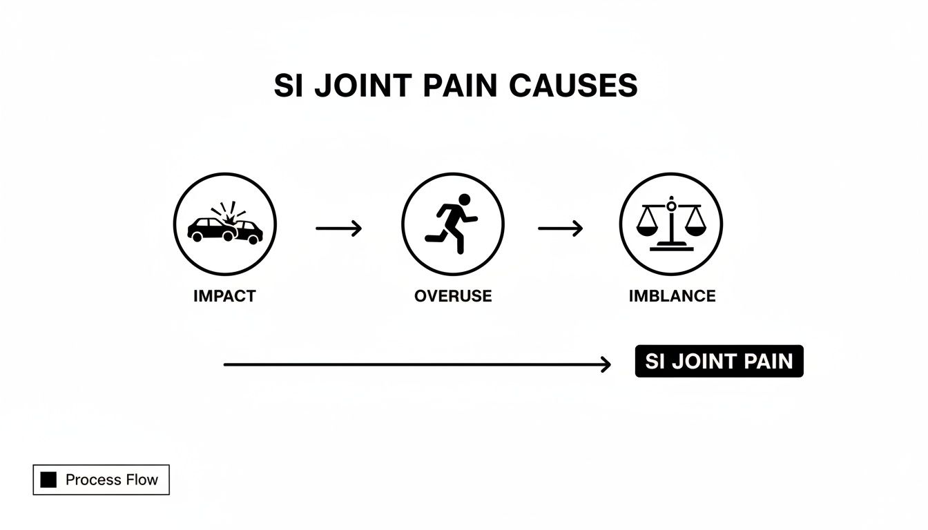 A diagram illustrates the causes of SI joint pain, including impact, overuse, and imbalance, leading to sacroiliac pain.