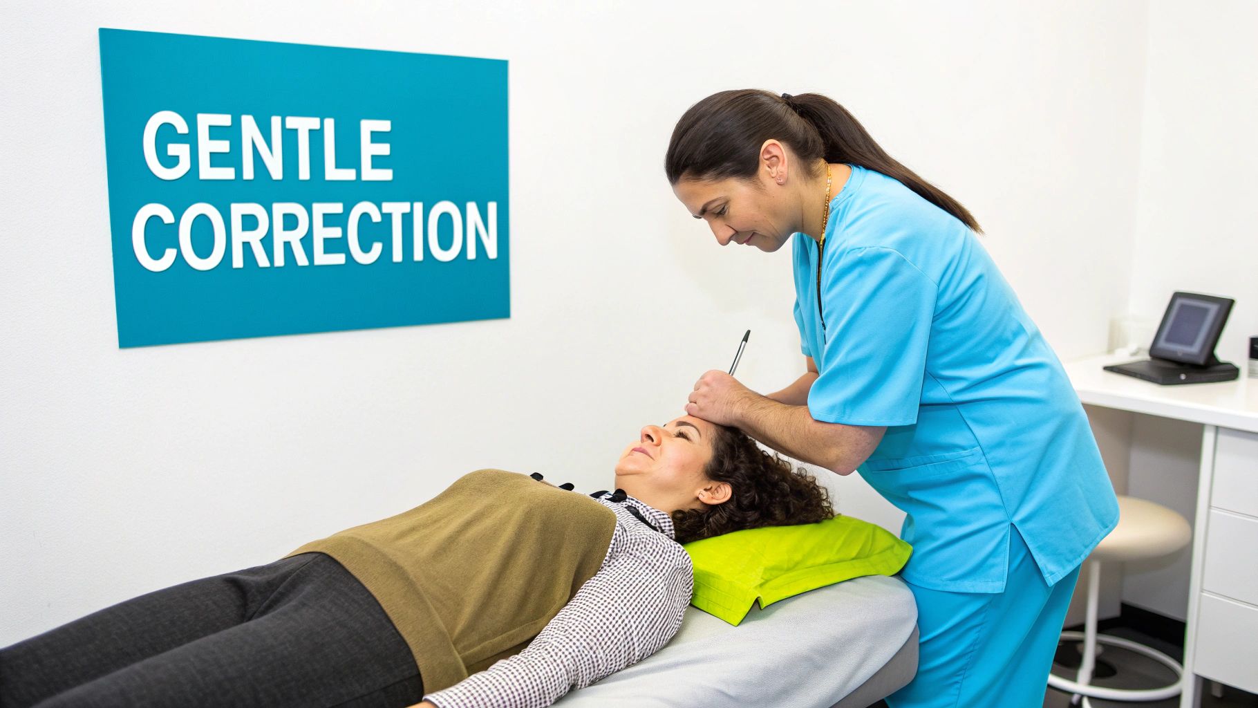 A practitioner in blue scrubs performs a gentle head adjustment on a patient lying on a table.