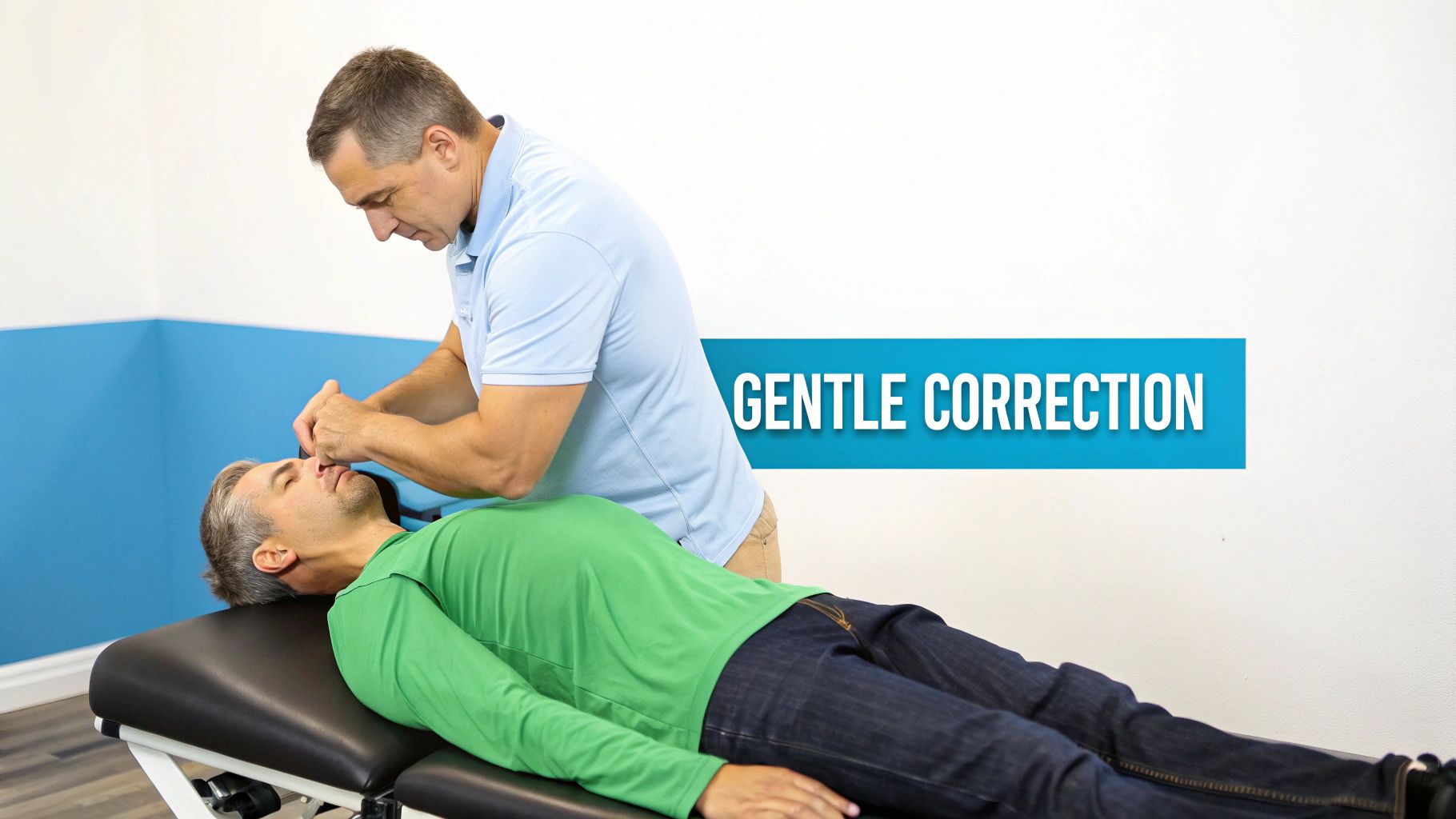 A practitioner performs a gentle cranial adjustment on a male patient's nose while he lies on a table.