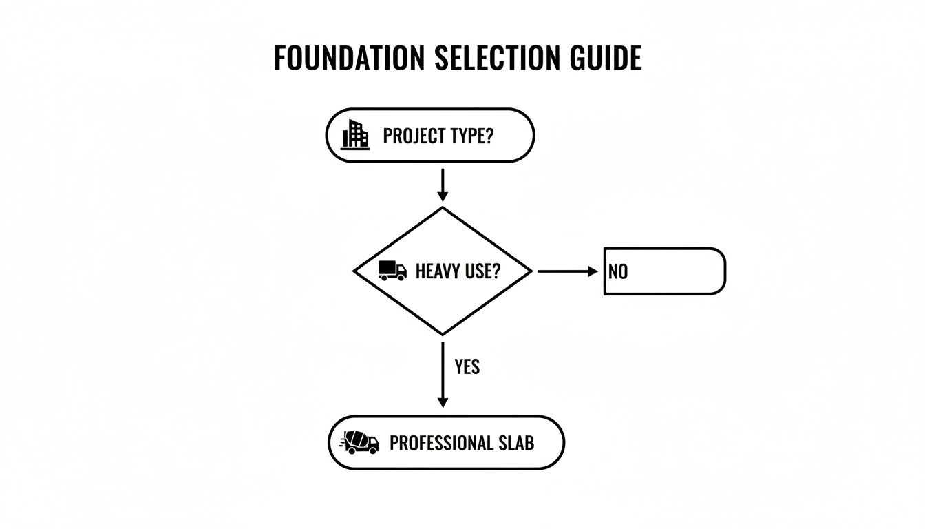 Flowchart for foundation selection guide, showing decisions for project type and heavy use leading to professional slab.