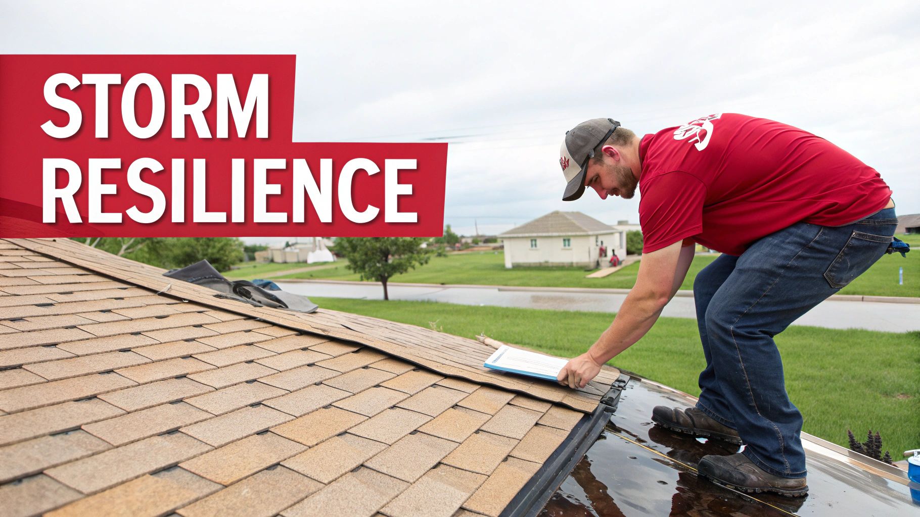 A man in a red shirt inspecting a shingled roof for damage, emphasizing storm resilience.