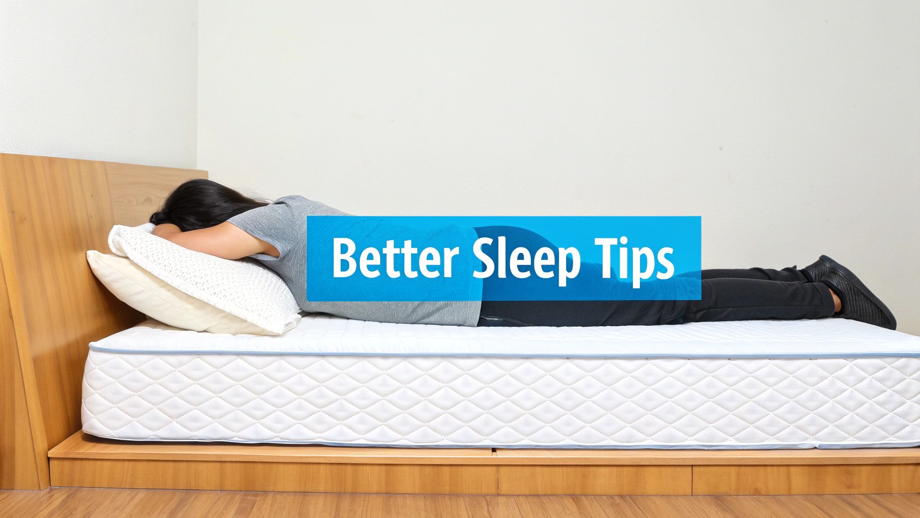 Person lying face down on a bed with pillows, next to a wooden headboard, featuring 'Better Sleep Tips' banner.