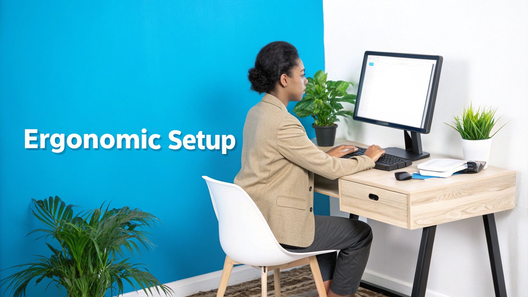 A woman with her hair in a bun uses a computer at an ergonomic desk setup.