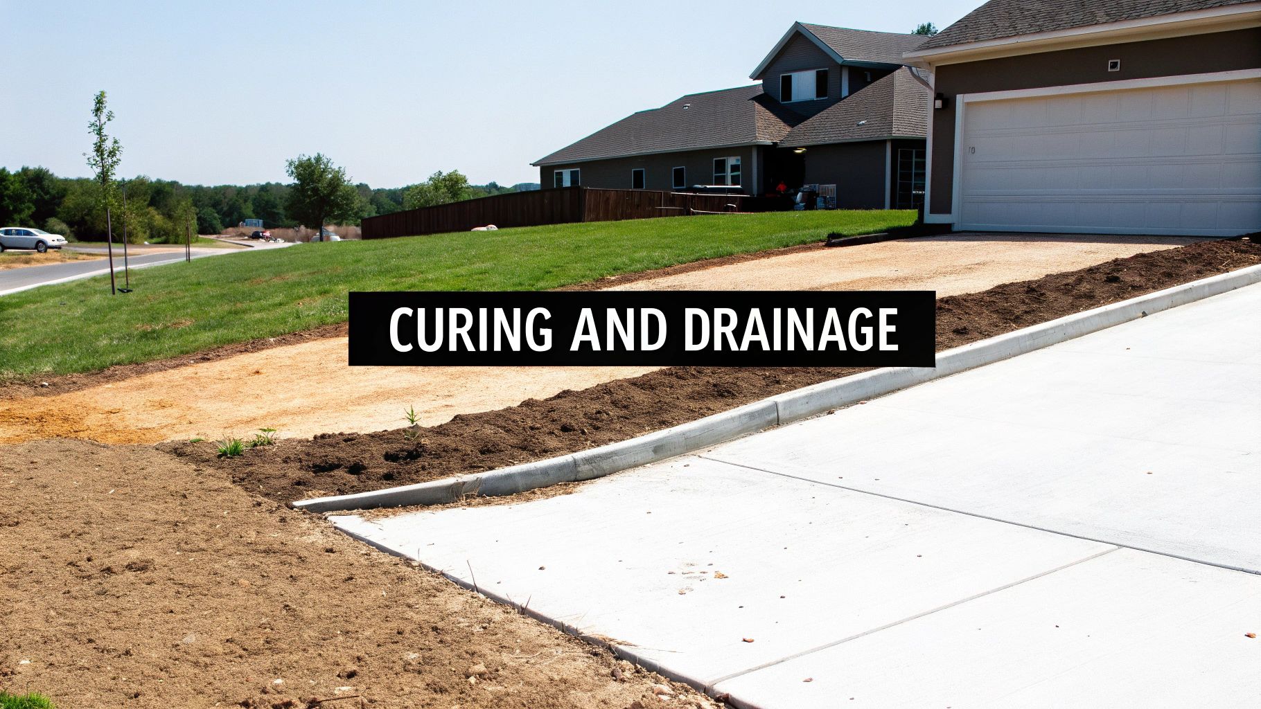 A new concrete driveway and curb with prepared earth for a shed pad or landscaping, next to a modern house.