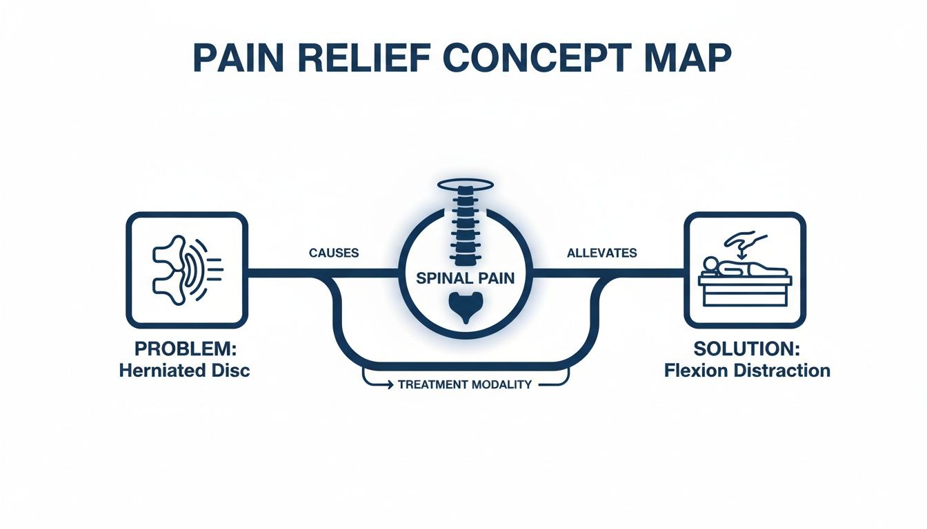 Pain relief concept map illustrating herniated disc causing spinal pain, alleviated by flexion distraction.